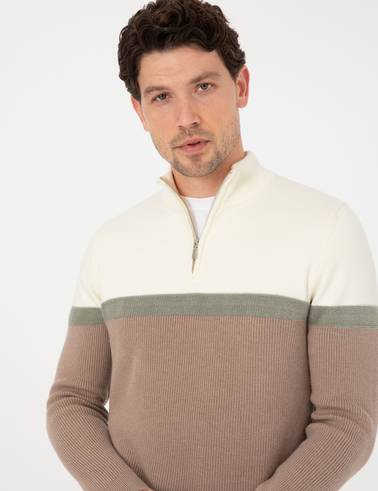 Vizon Slim Fit Dik Yaka Fermuarlı Triko Kazak