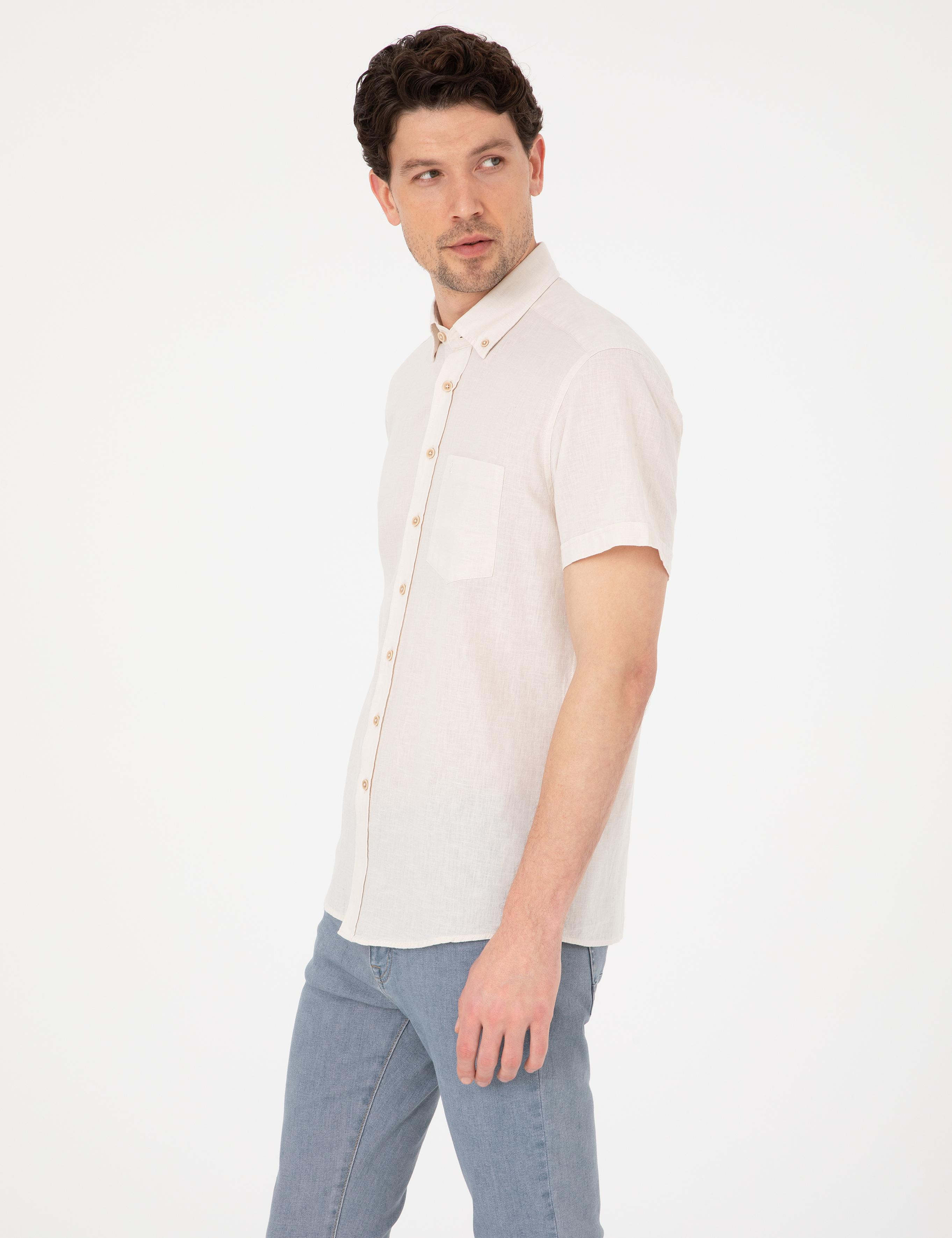 Bej Regular Fit Kısa Kollu Gömlek