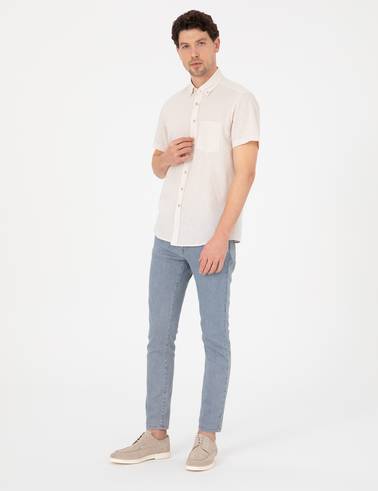 Bej Keten Karışımlı Regular Fit Kısa Kollu Gömlek