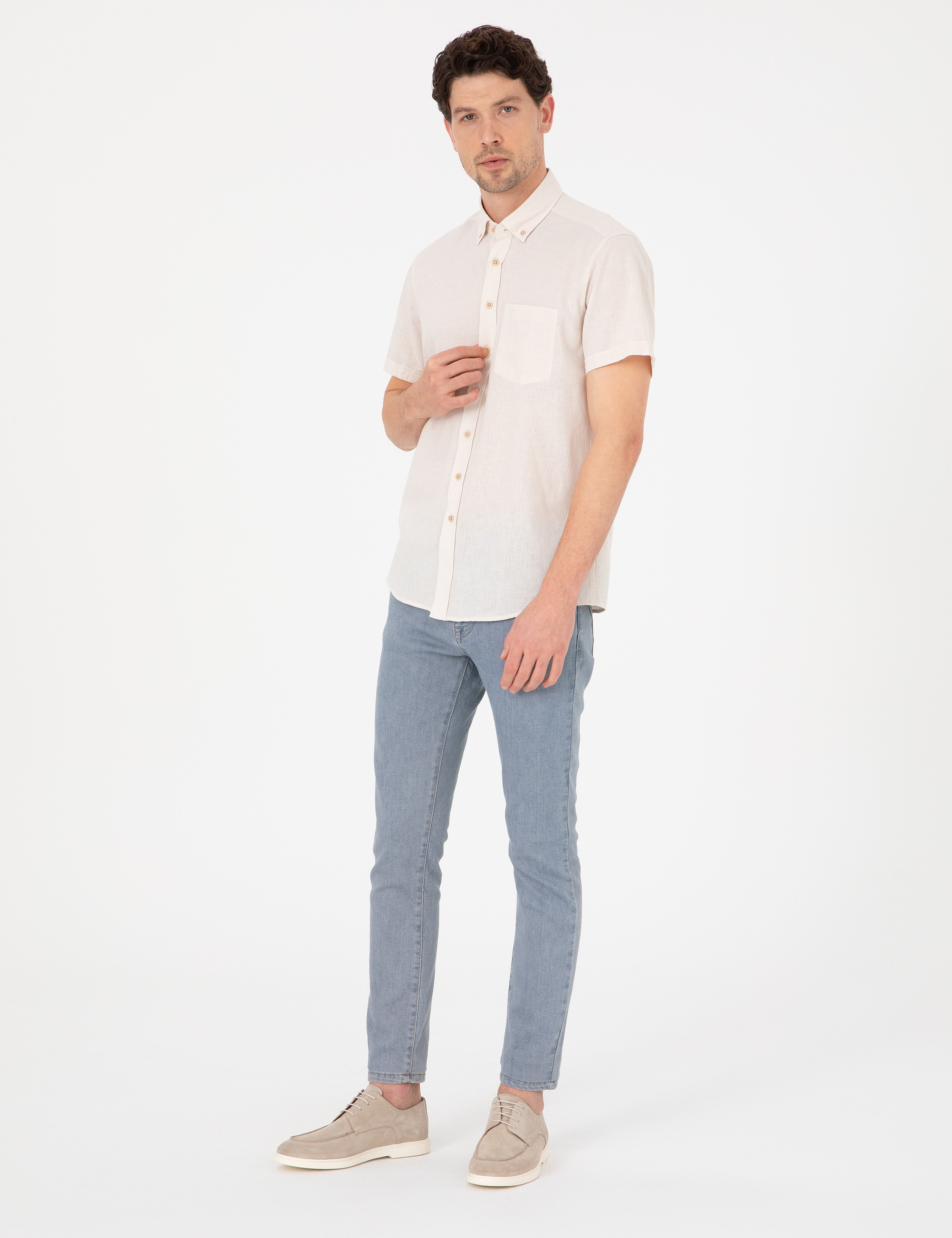 Bej Keten Karışımlı Regular Fit Kısa Kollu Gömlek