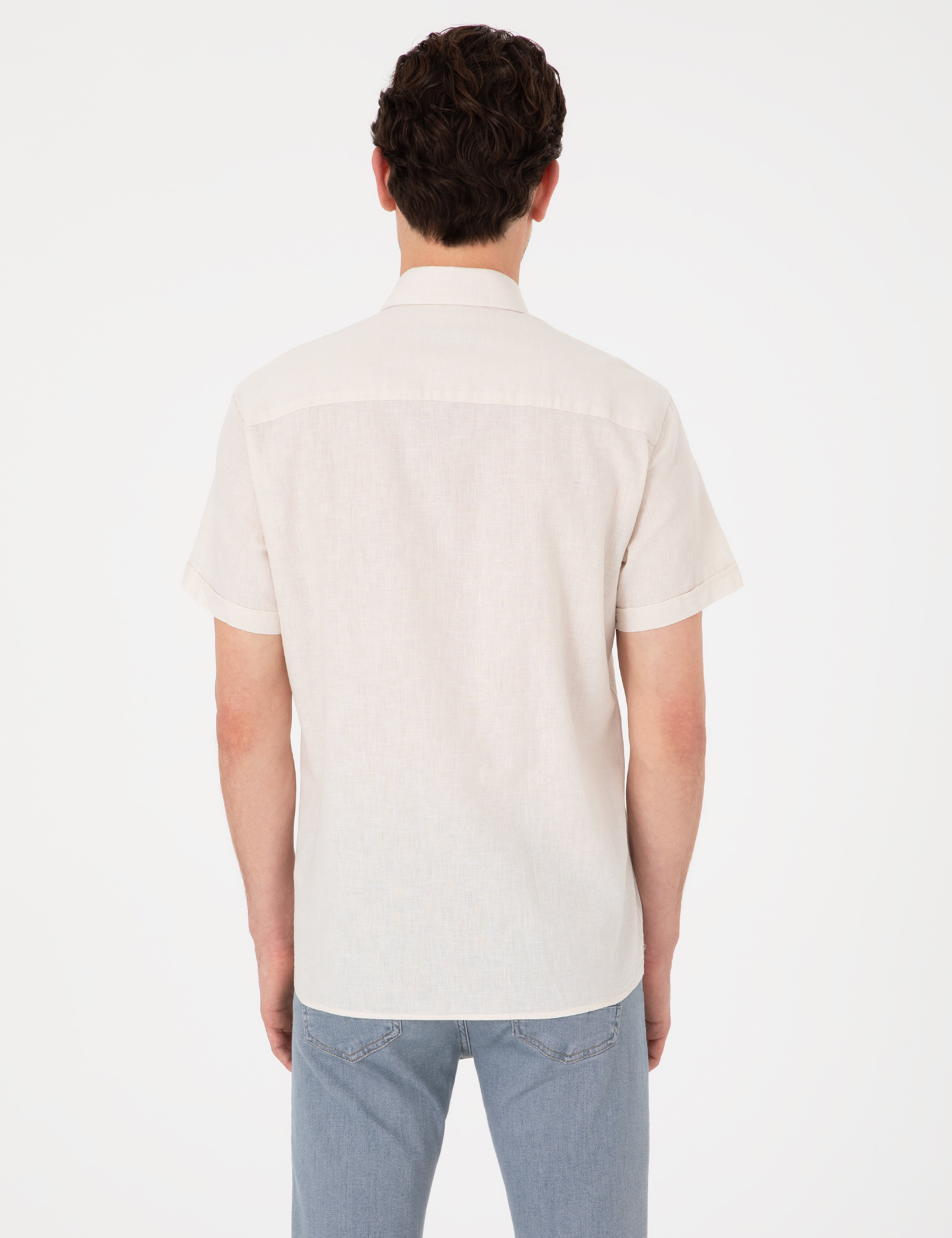 Bej Keten Karışımlı Regular Fit Kısa Kollu Gömlek - Image 5