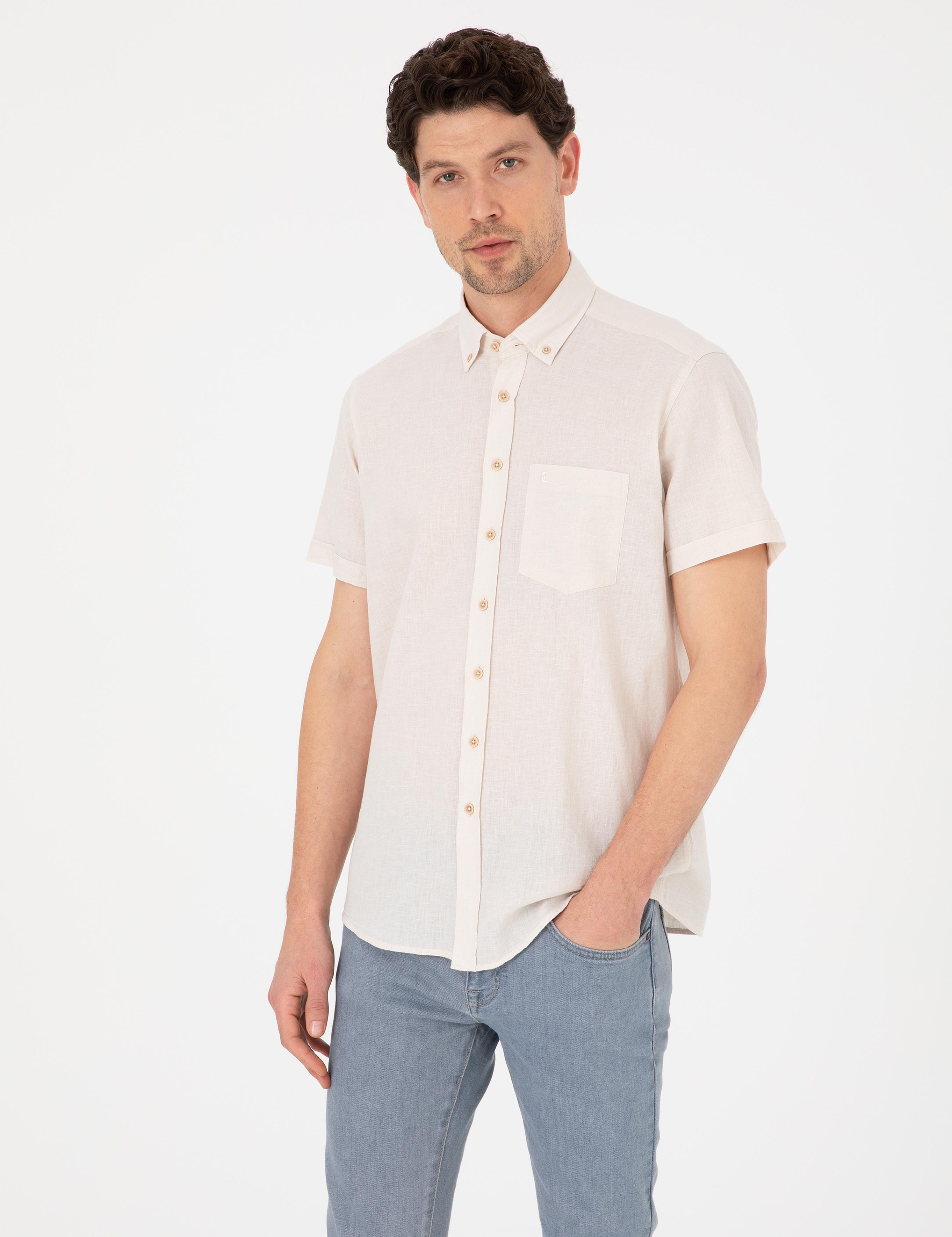 Bej Regular Fit Kısa Kollu Gömlek