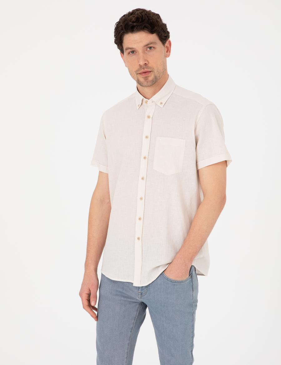 Bej Regular Fit Kısa Kollu Gömlek
