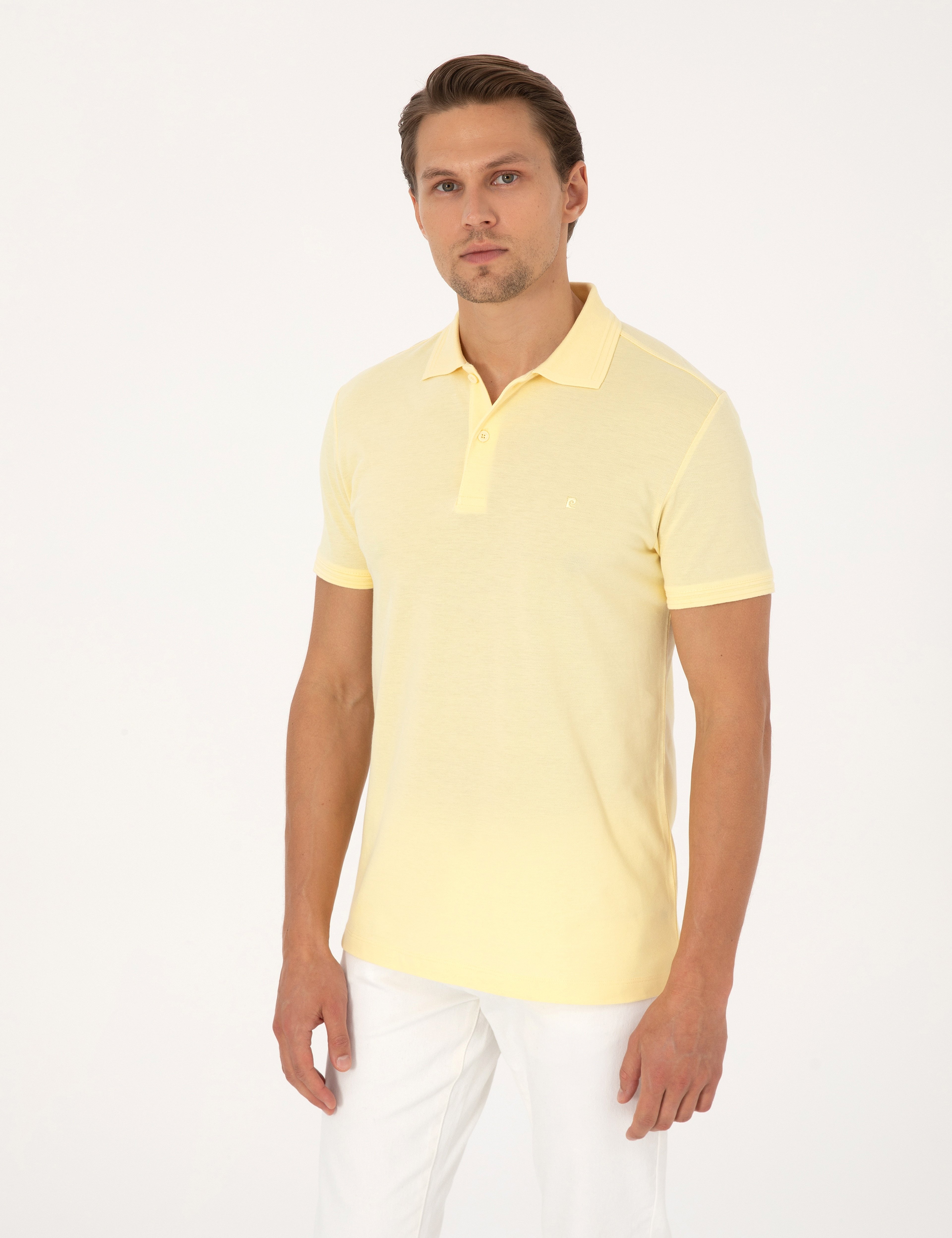 Açık Sarı Slim Fit %100 Pamuk Kıvrılmaz Düğmeli Polo Yaka Basic Tişört - Image 3