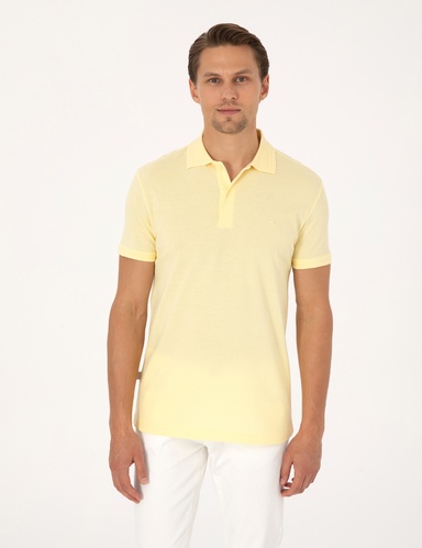 Açık Sarı Slim Fit %100 Pamuk Kıvrılmaz Düğmeli Polo Yaka Basic Tişört