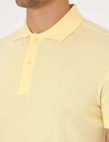Açık Sarı Slim Fit %100 Pamuk Kıvrılmaz Düğmeli Polo Yaka Basic Tişört