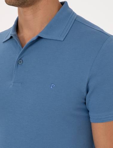 Koyu Mavi Slim Fit %100 Pamuk Kıvrılmaz Düğmeli Polo Yaka Basic Tişört
