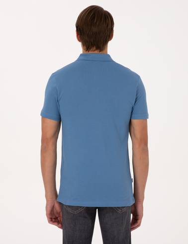 Koyu Mavi Slim Fit %100 Pamuk Kıvrılmaz Düğmeli Polo Yaka Basic Tişört