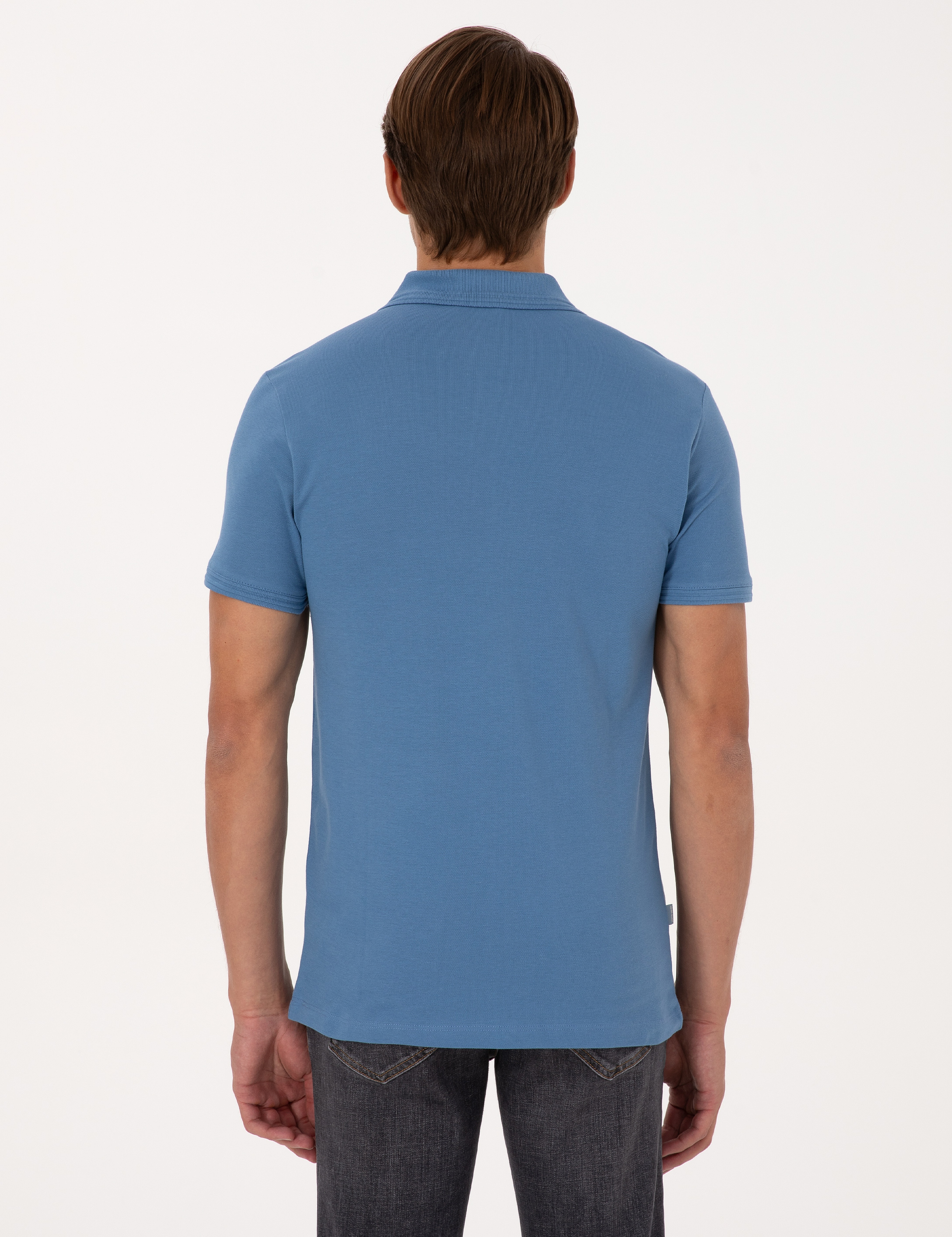 Koyu Mavi Slim Fit %100 Pamuk Kıvrılmaz Düğmeli Polo Yaka Basic Tişört - Image 5
