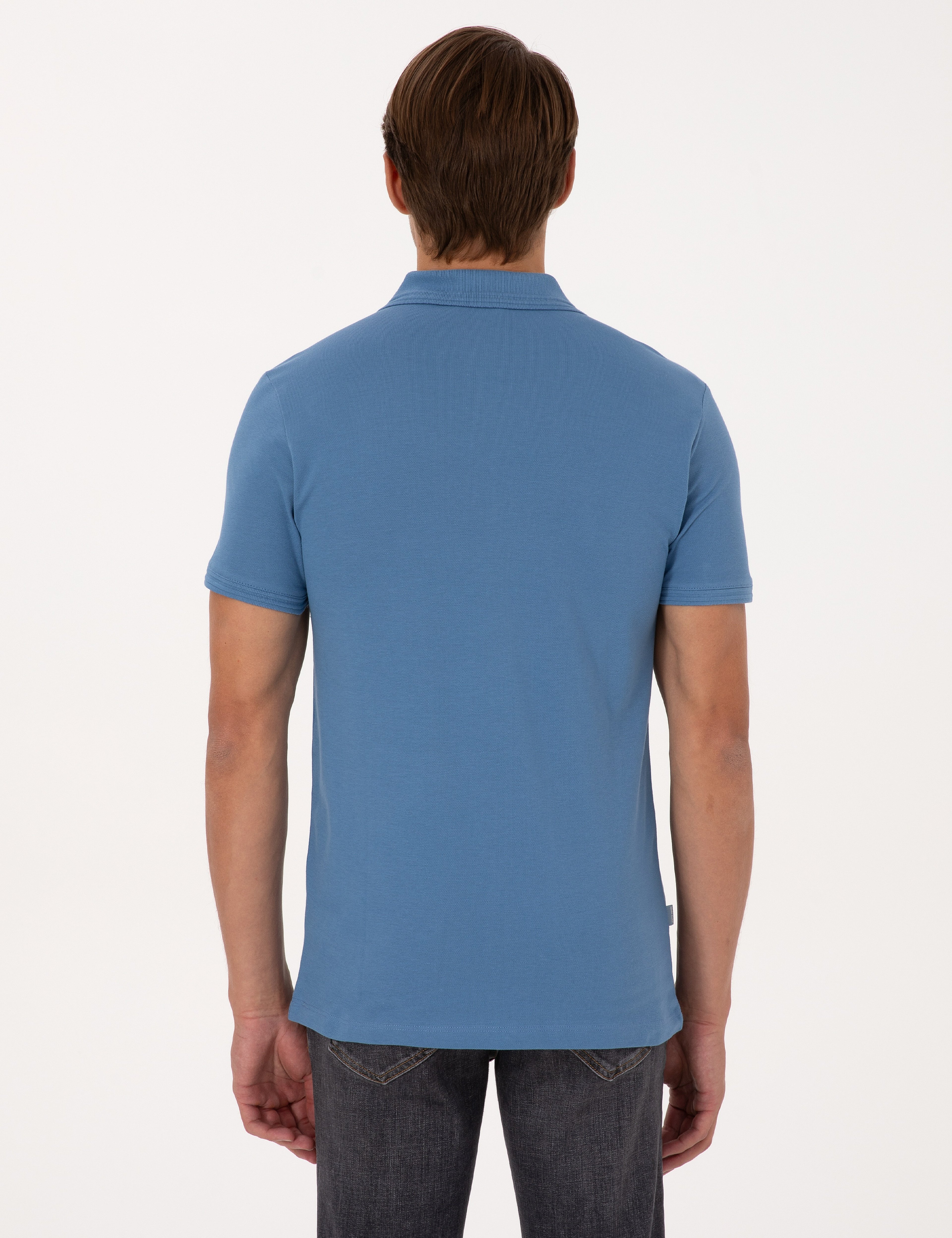 Koyu Mavi Slim Fit %100 Pamuk Kıvrılmaz Düğmeli Polo Yaka Basic Tişört