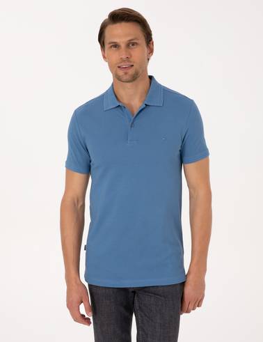 Koyu Mavi Slim Fit %100 Pamuk Kıvrılmaz Düğmeli Polo Yaka Basic Tişört