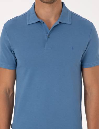 Koyu Mavi Slim Fit %100 Pamuk Kıvrılmaz Düğmeli Polo Yaka Basic Tişört