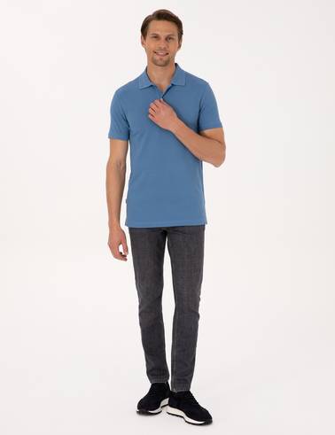 Koyu Mavi Slim Fit %100 Pamuk Kıvrılmaz Düğmeli Polo Yaka Basic Tişört