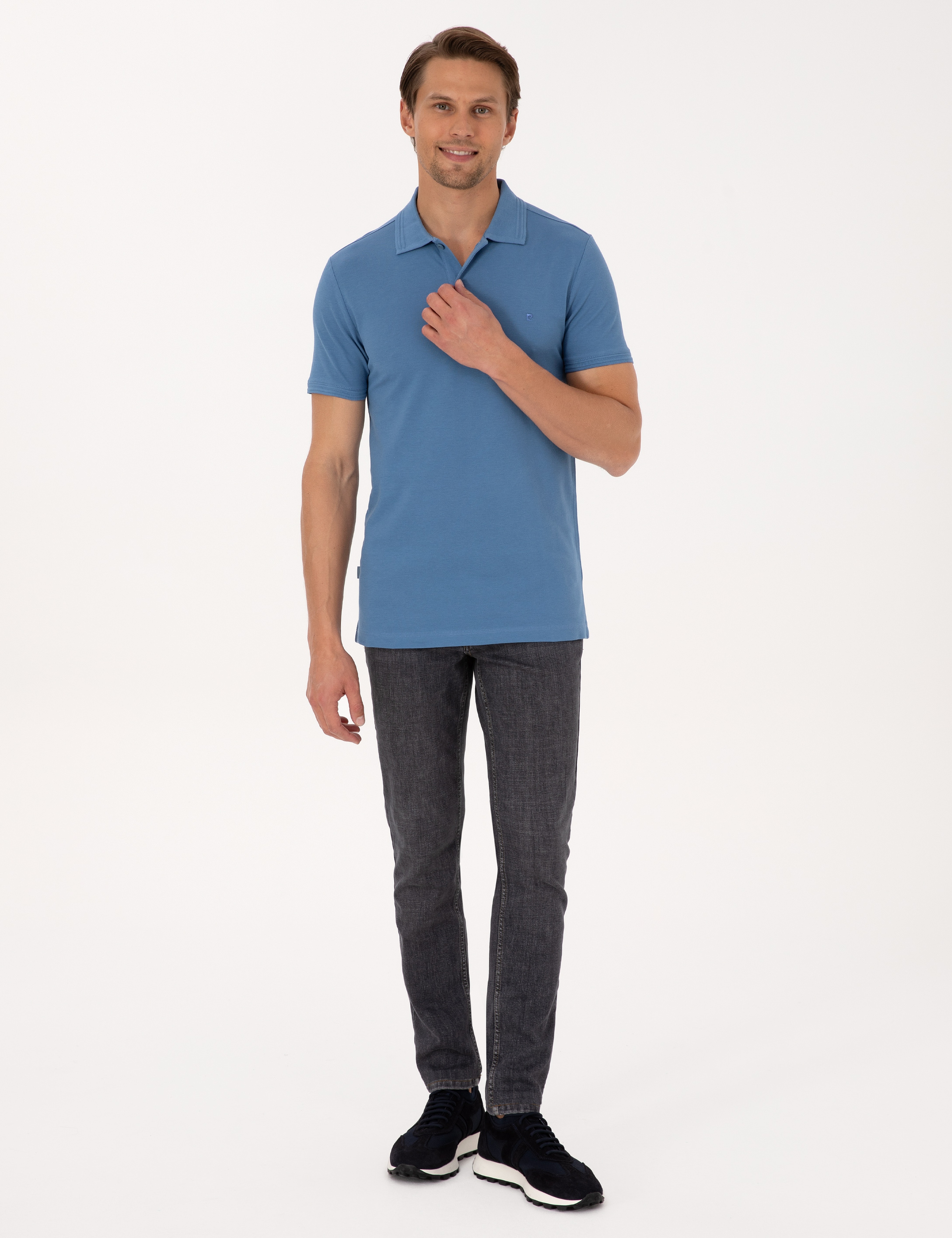 Koyu Mavi Slim Fit %100 Pamuk Kıvrılmaz Düğmeli Polo Yaka Basic Tişört - Image 4