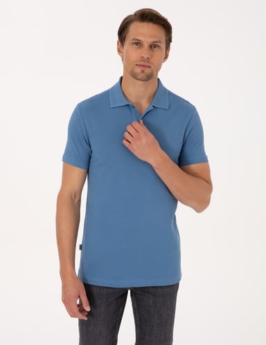 Koyu Mavi Slim Fit %100 Pamuk Kıvrılmaz Düğmeli Polo Yaka Basic Tişört