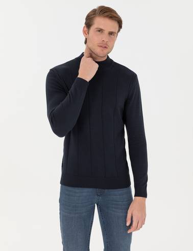 Lacivert Slim Fit Yarım Balıkçı Yaka Triko Kazak