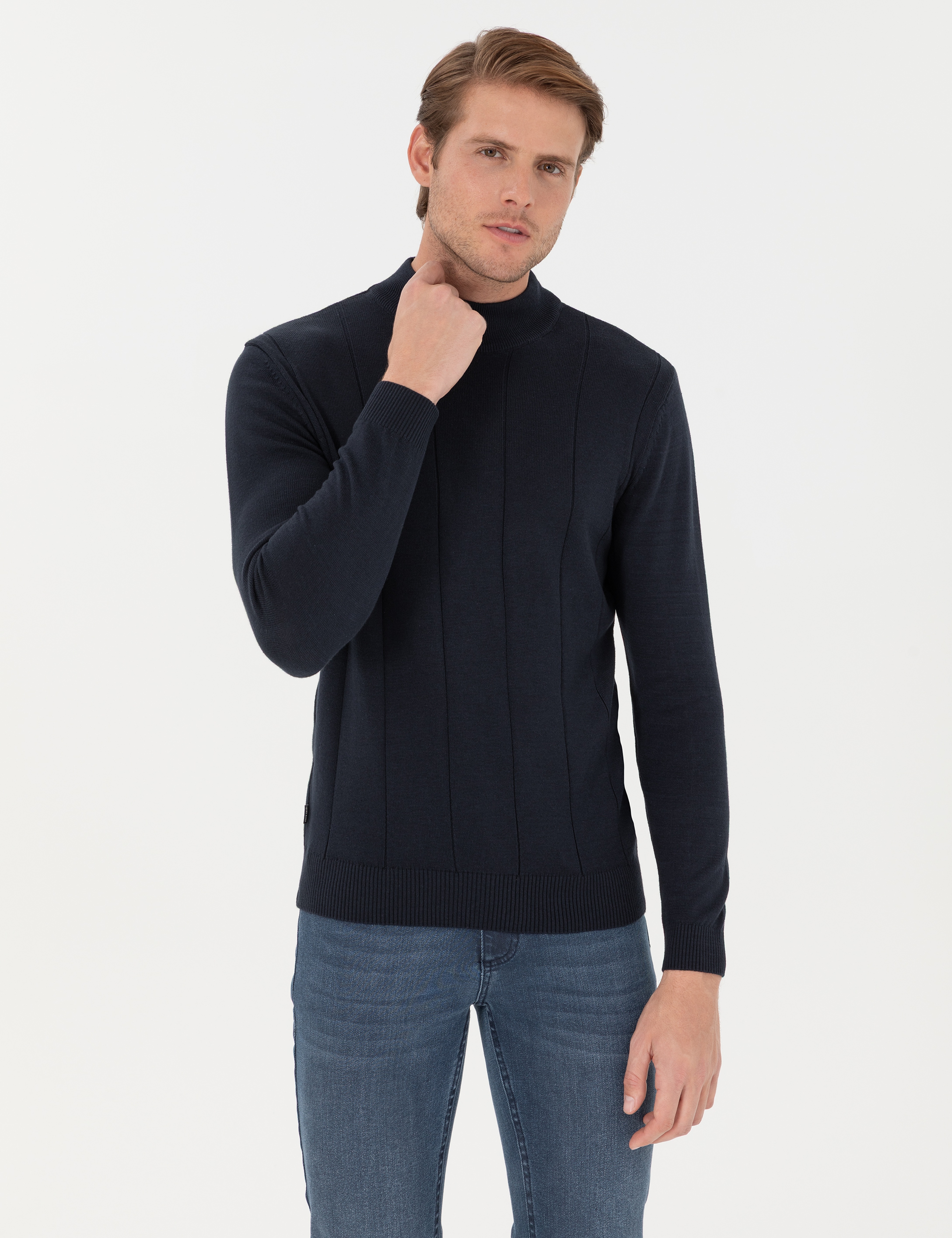 Lacivert Slim Fit Yarım Balıkçı Yaka Triko Kazak