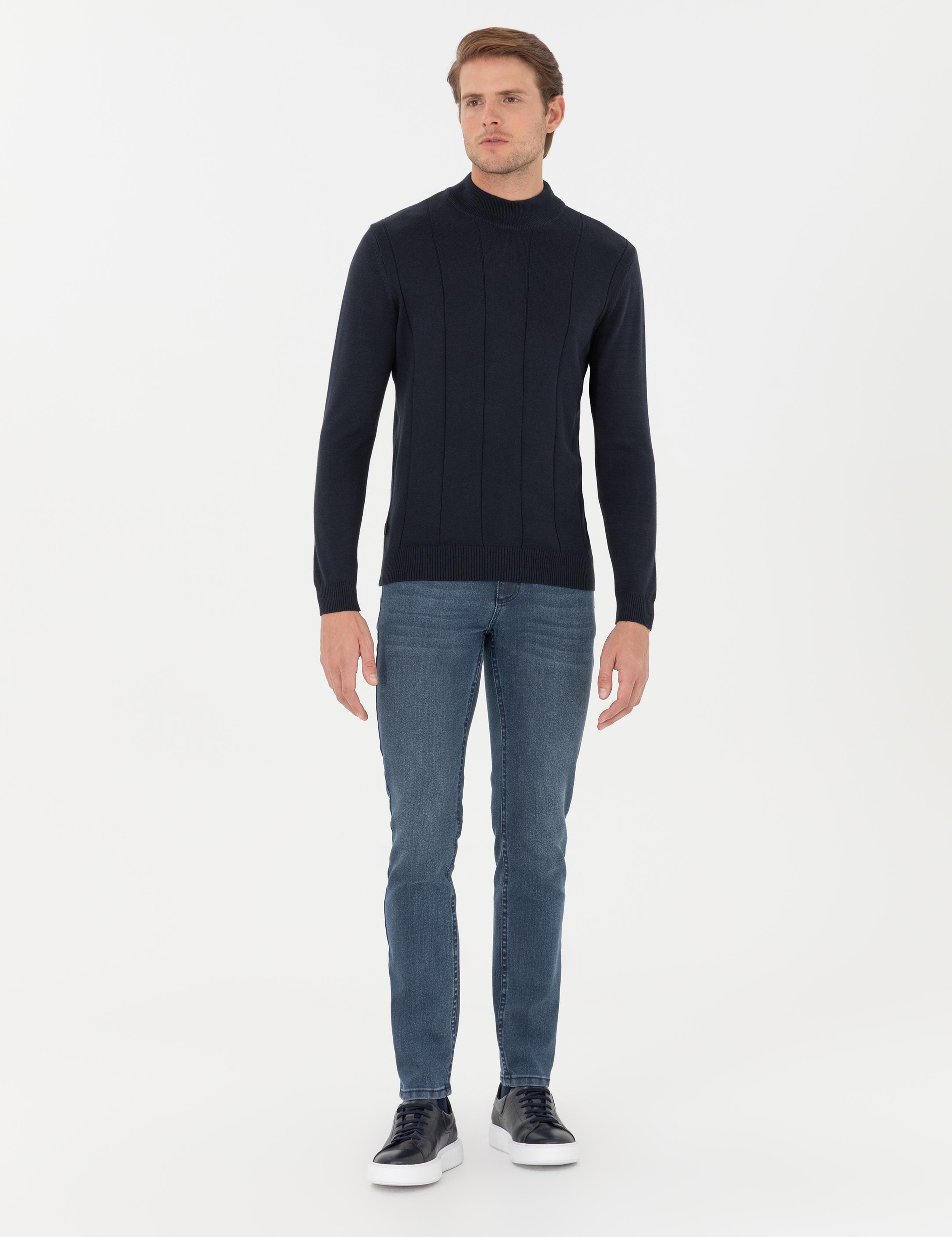 Lacivert Slim Fit Yarım Balıkçı Yaka Triko Kazak