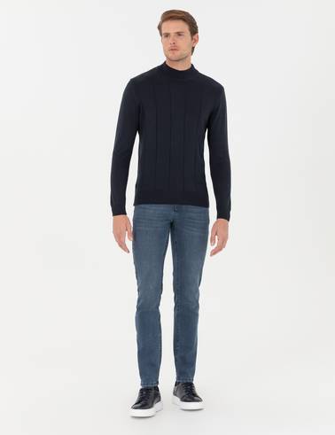 Lacivert Slim Fit Yarım Balıkçı Yaka Triko Kazak