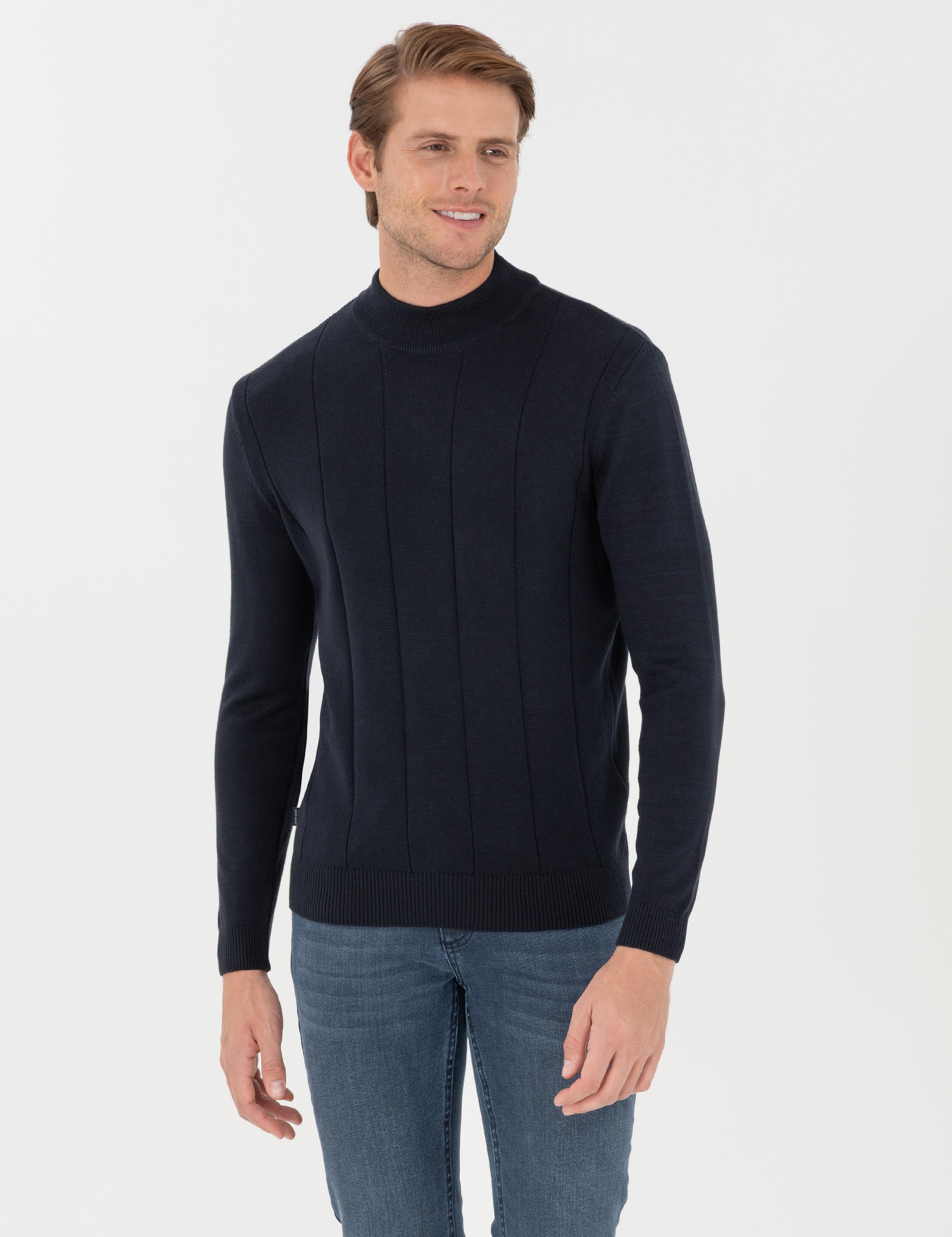 Lacivert Slim Fit Yarım Balıkçı Yaka Triko Kazak