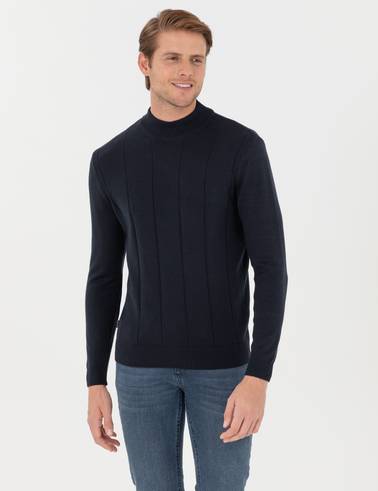 Lacivert Slim Fit Yarım Balıkçı Yaka Triko Kazak