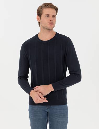 Lacivert Slim Fit Bisiklet Yaka Triko Kazak