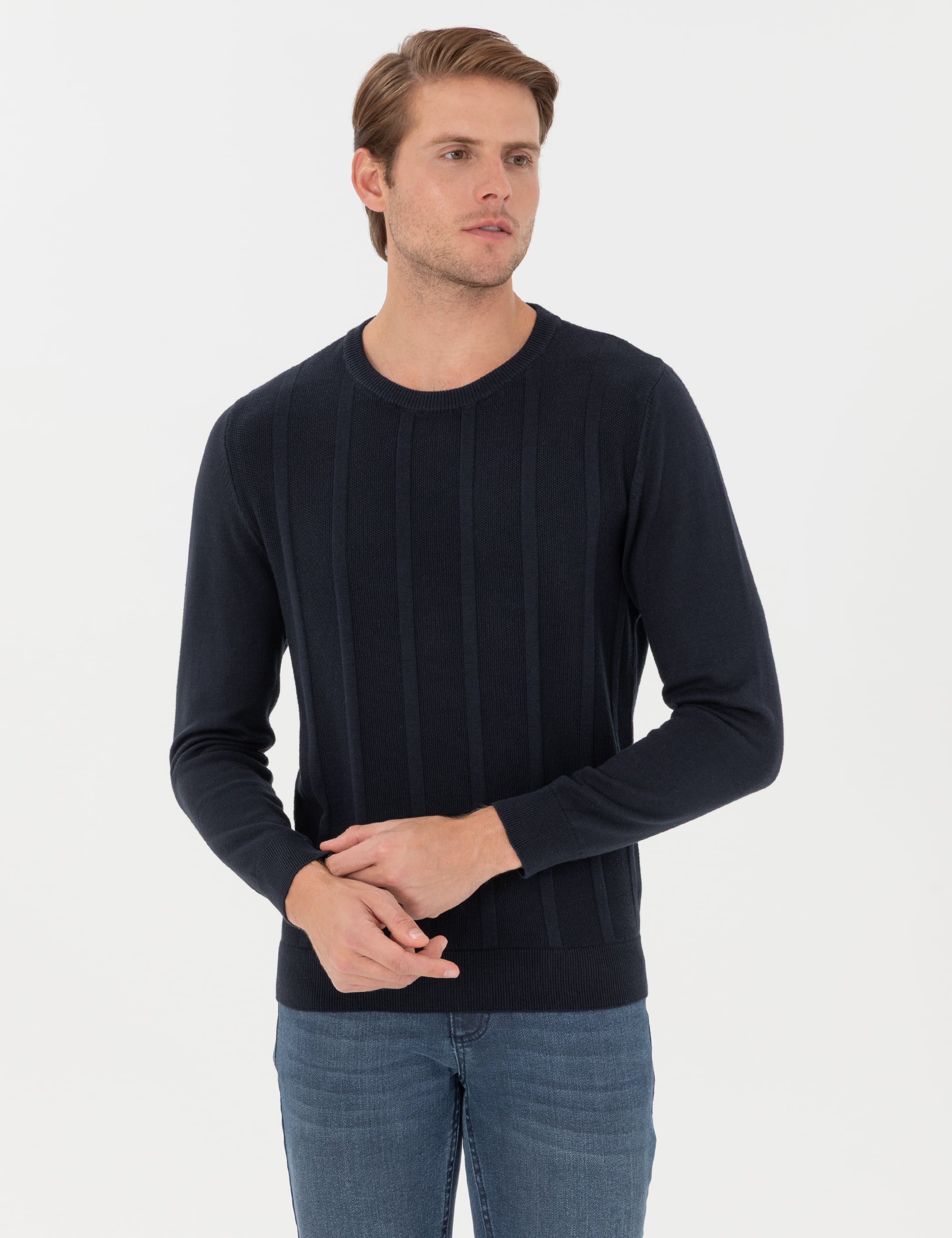 Lacivert Slim Fit Bisiklet Yaka Triko Kazak