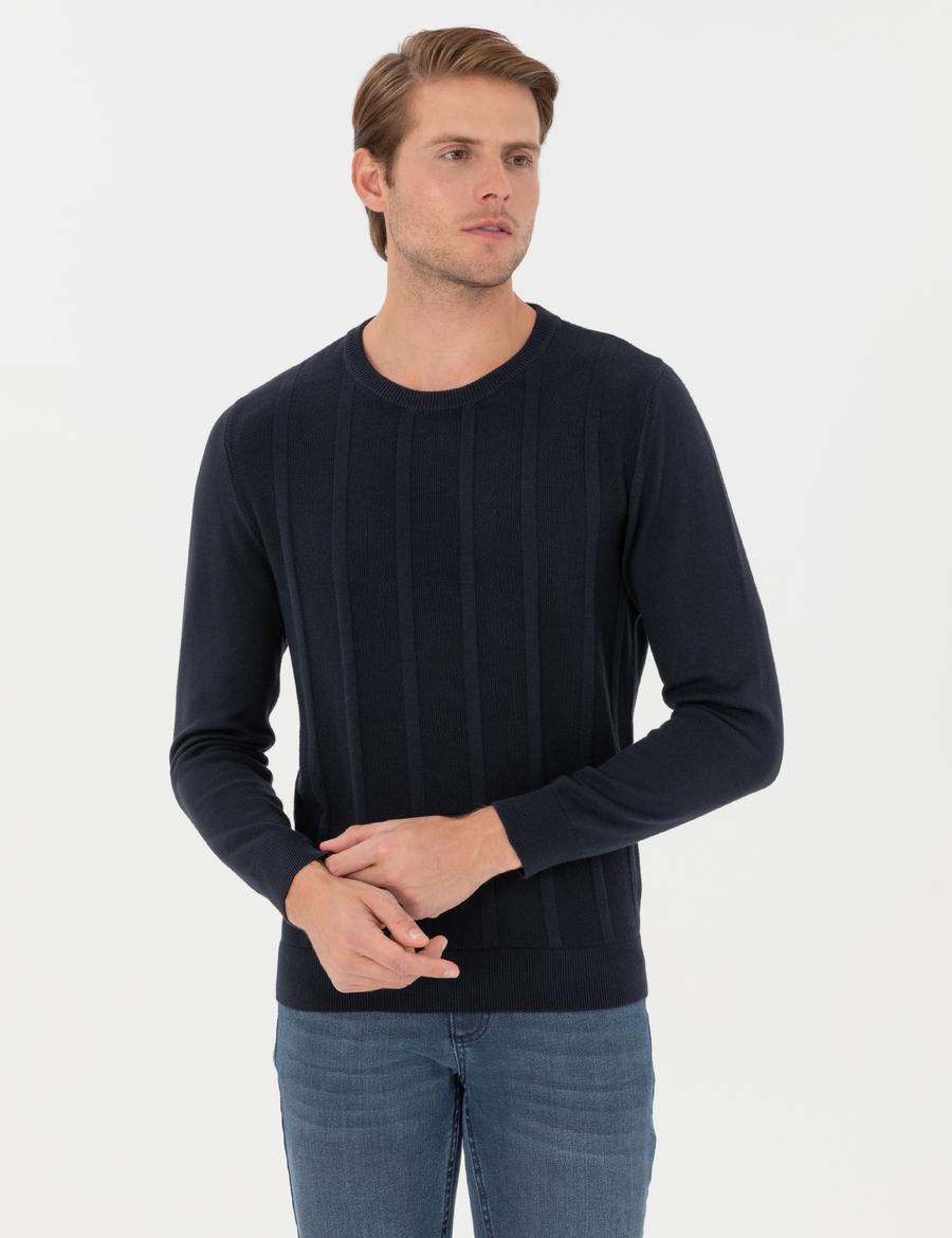 Lacivert Slim Fit Bisiklet Yaka Triko Kazak