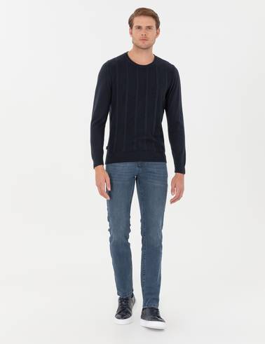 Lacivert Slim Fit Bisiklet Yaka Triko Kazak
