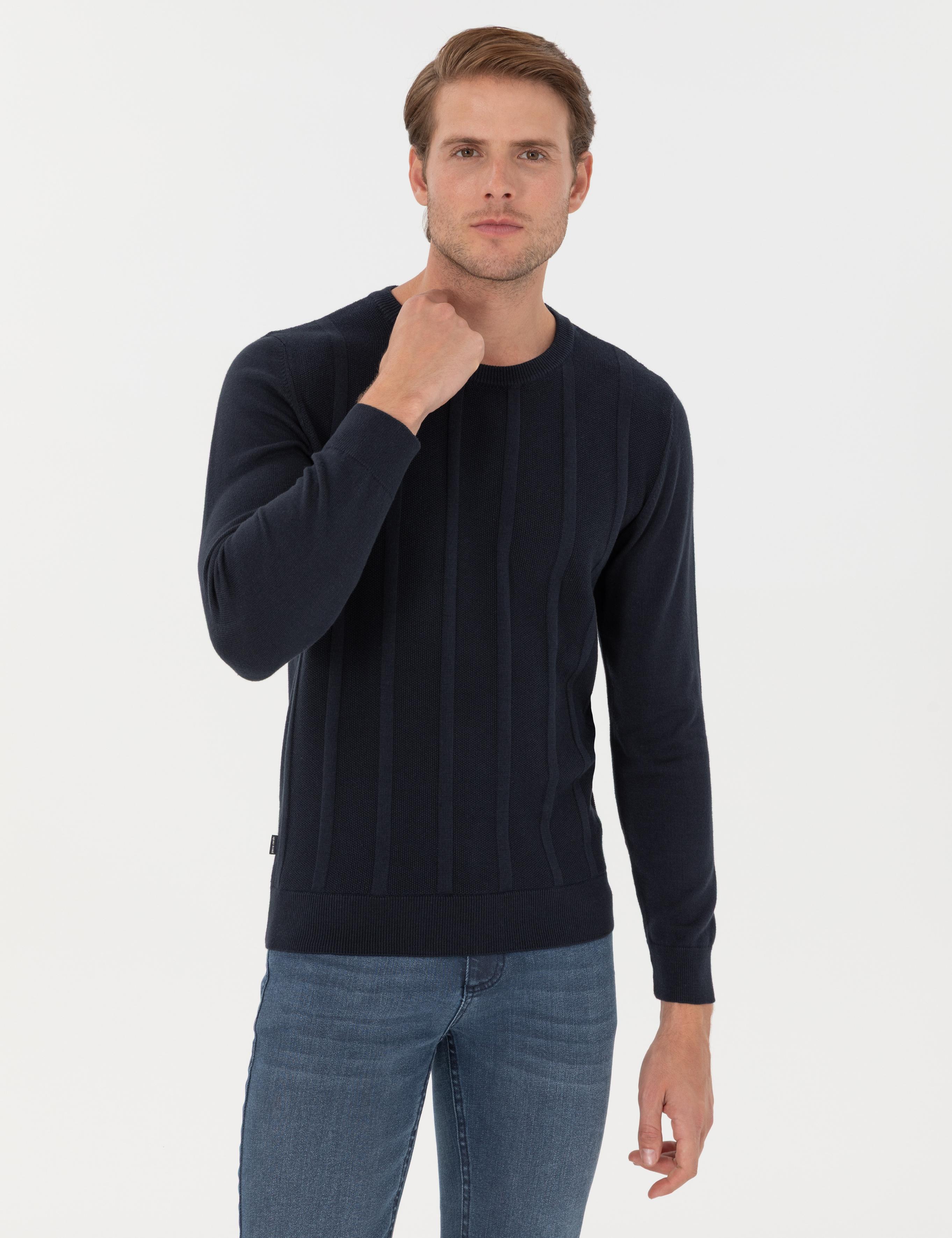 Lacivert Slim Fit Bisiklet Yaka Triko Kazak