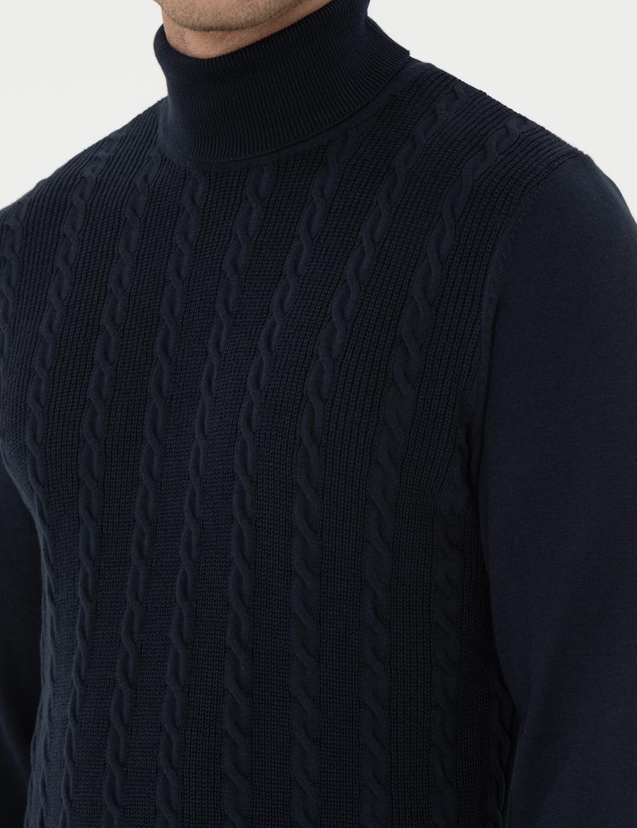 Lacivert Slim Fit Balıkçı Yaka Triko Kazak