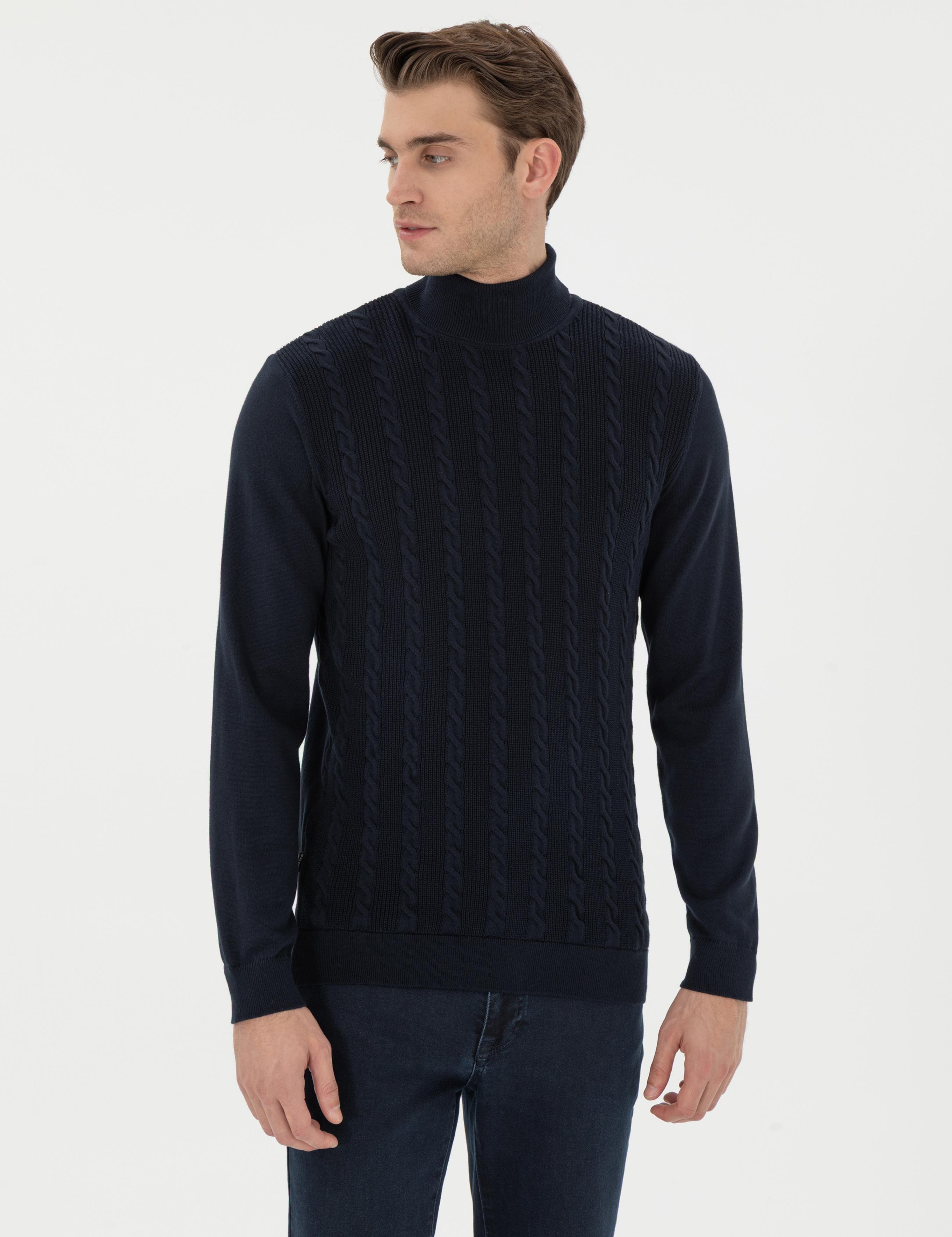 Lacivert Slim Fit Balıkçı Yaka Triko Kazak