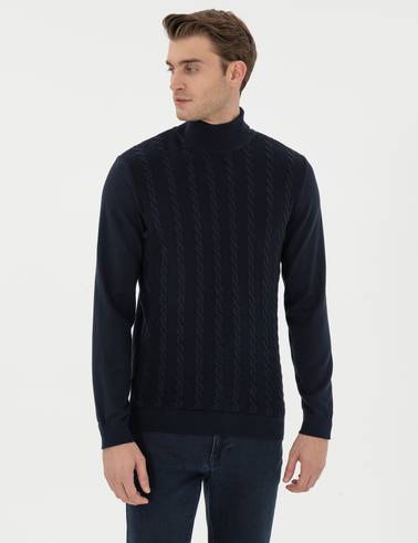 Lacivert Slim Fit Balıkçı Yaka Triko Kazak