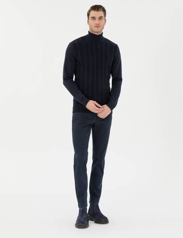 Lacivert Slim Fit Balıkçı Yaka Triko Kazak