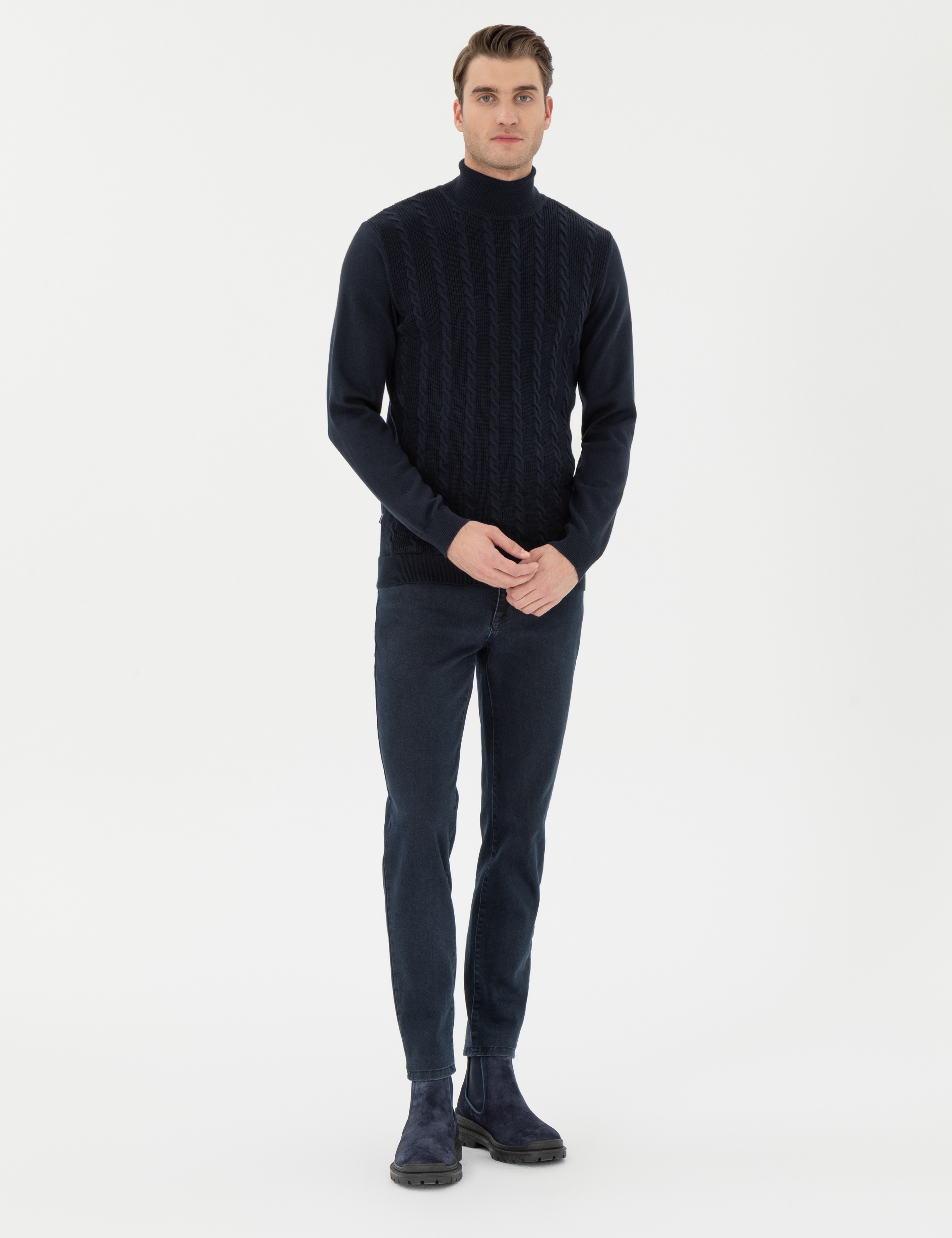 Lacivert Slim Fit Balıkçı Yaka Triko Kazak