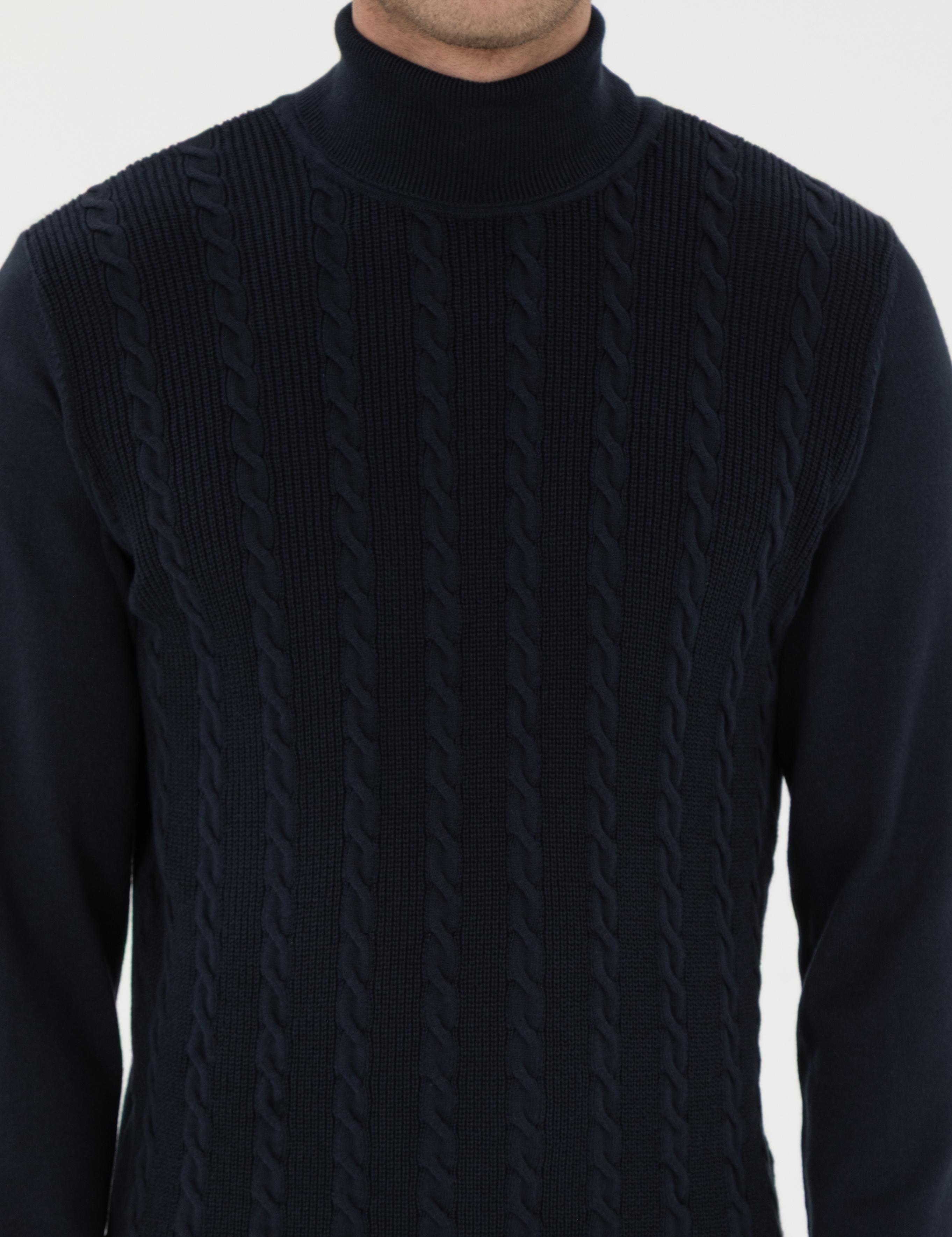 Lacivert Slim Fit Balıkçı Yaka Triko Kazak