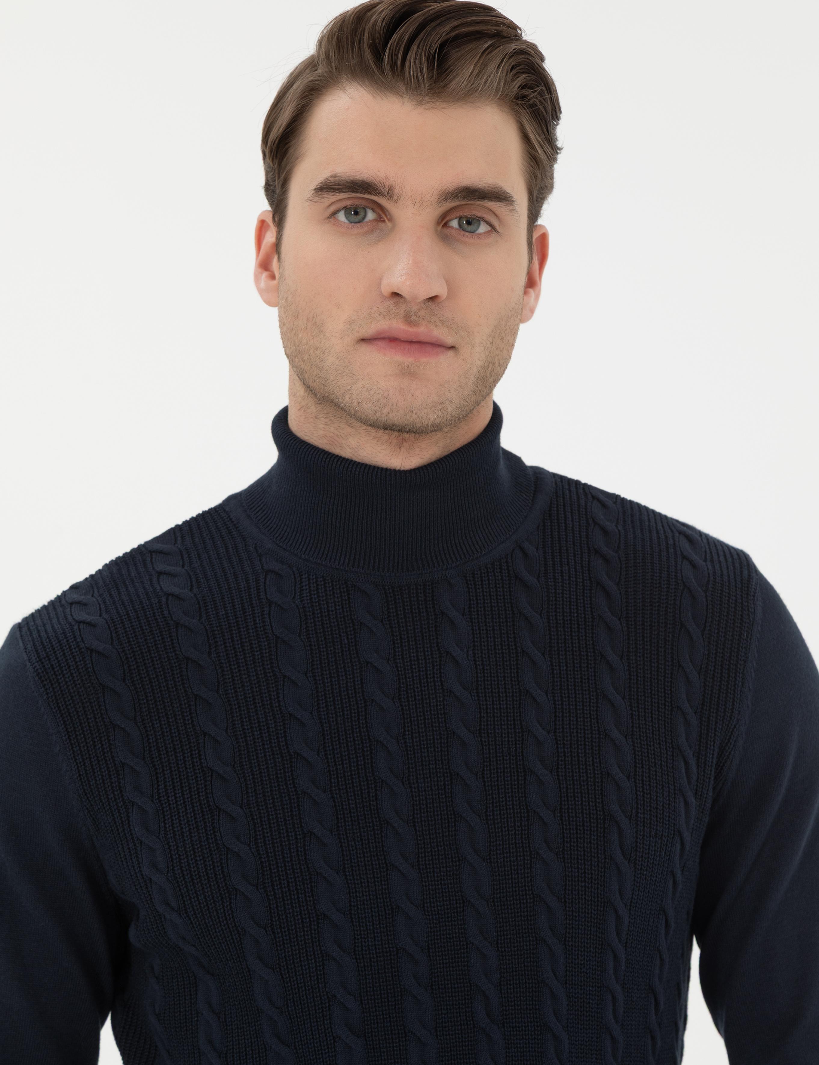 Lacivert Slim Fit Balıkçı Yaka Triko Kazak