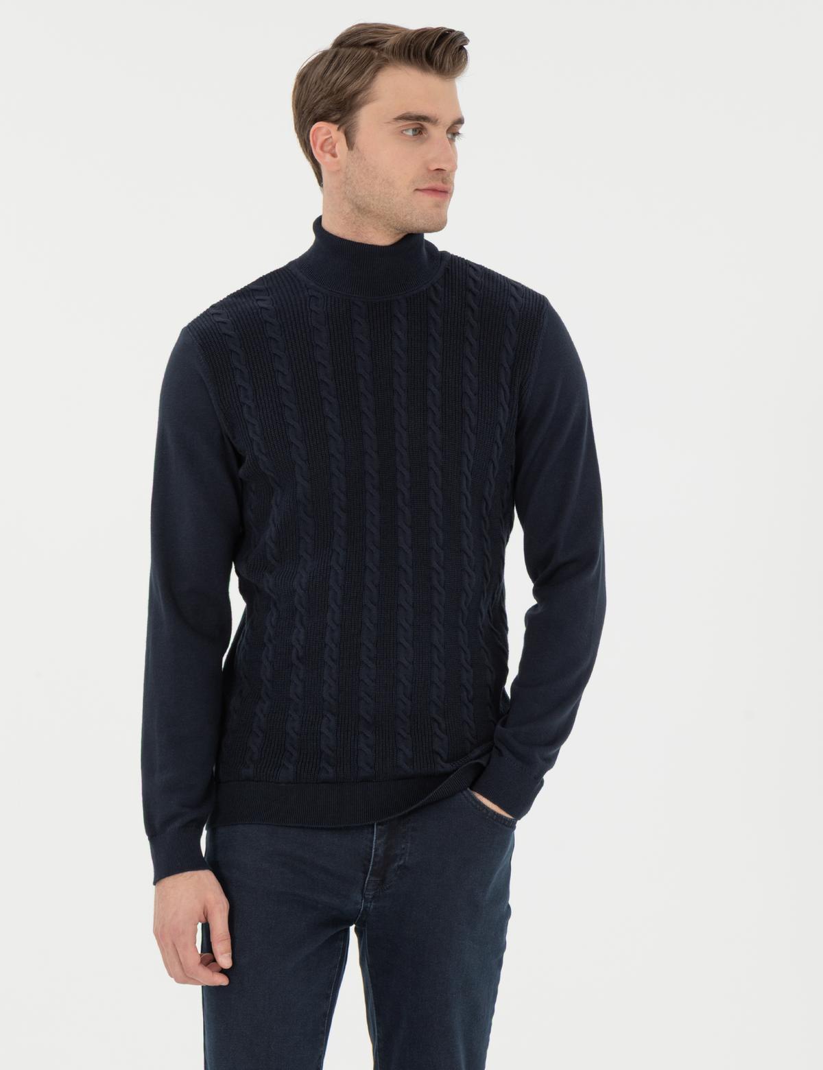 Lacivert Slim Fit Balıkçı Yaka Triko Kazak