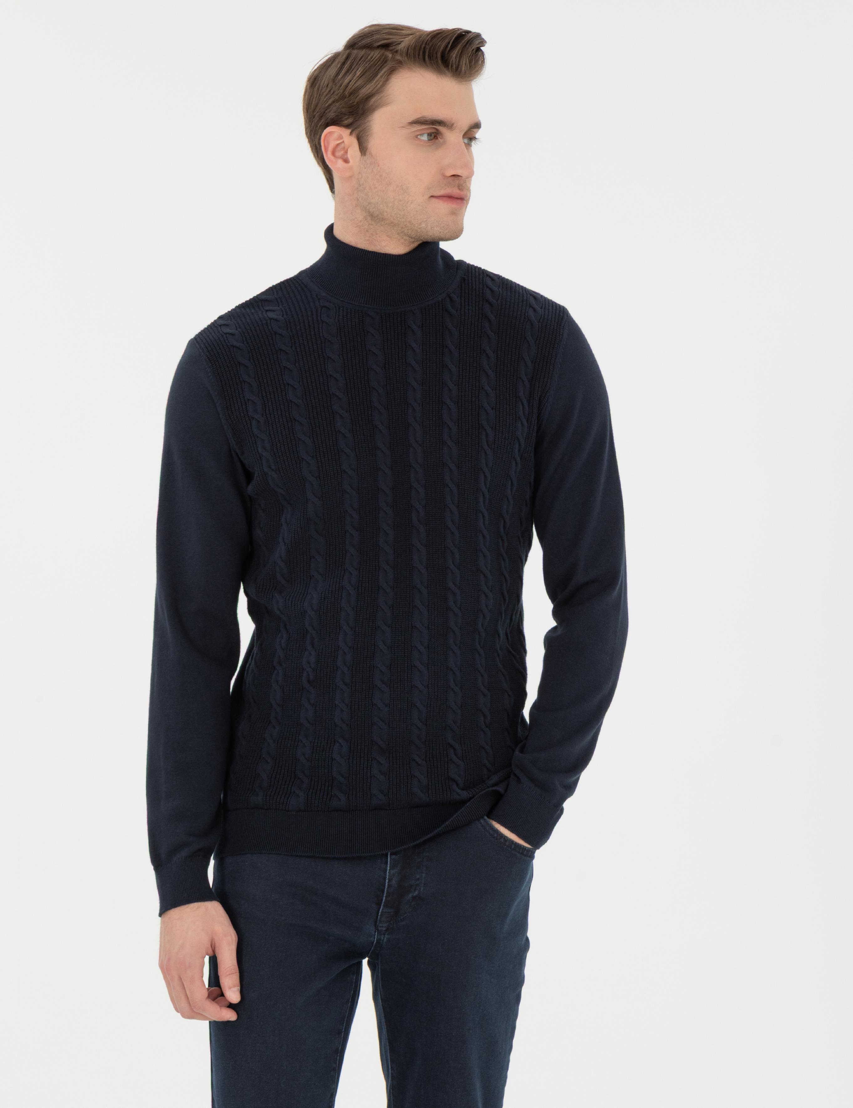 Lacivert Slim Fit Balıkçı Yaka Triko Kazak