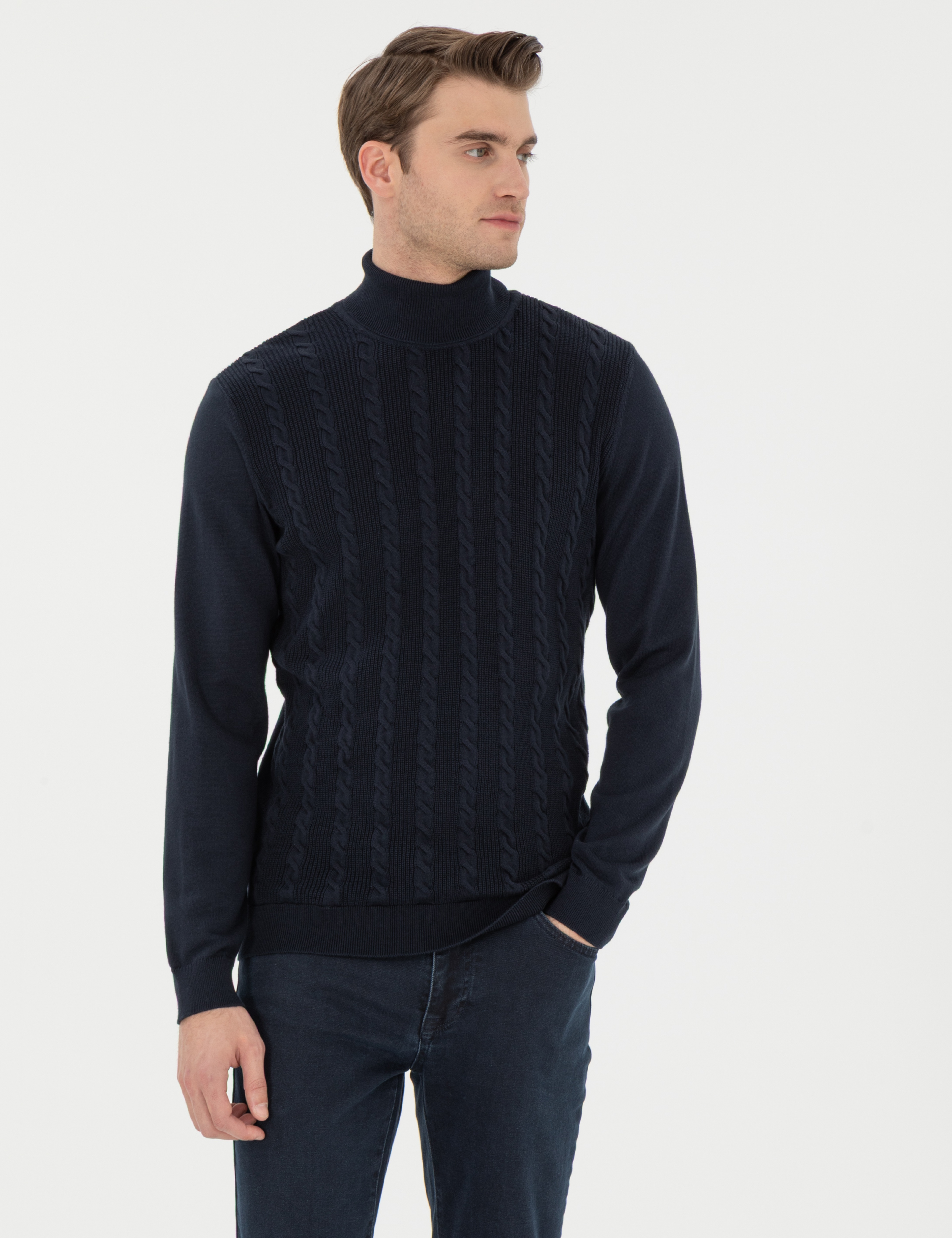 Lacivert Slim Fit Balıkçı Yaka Triko Kazak