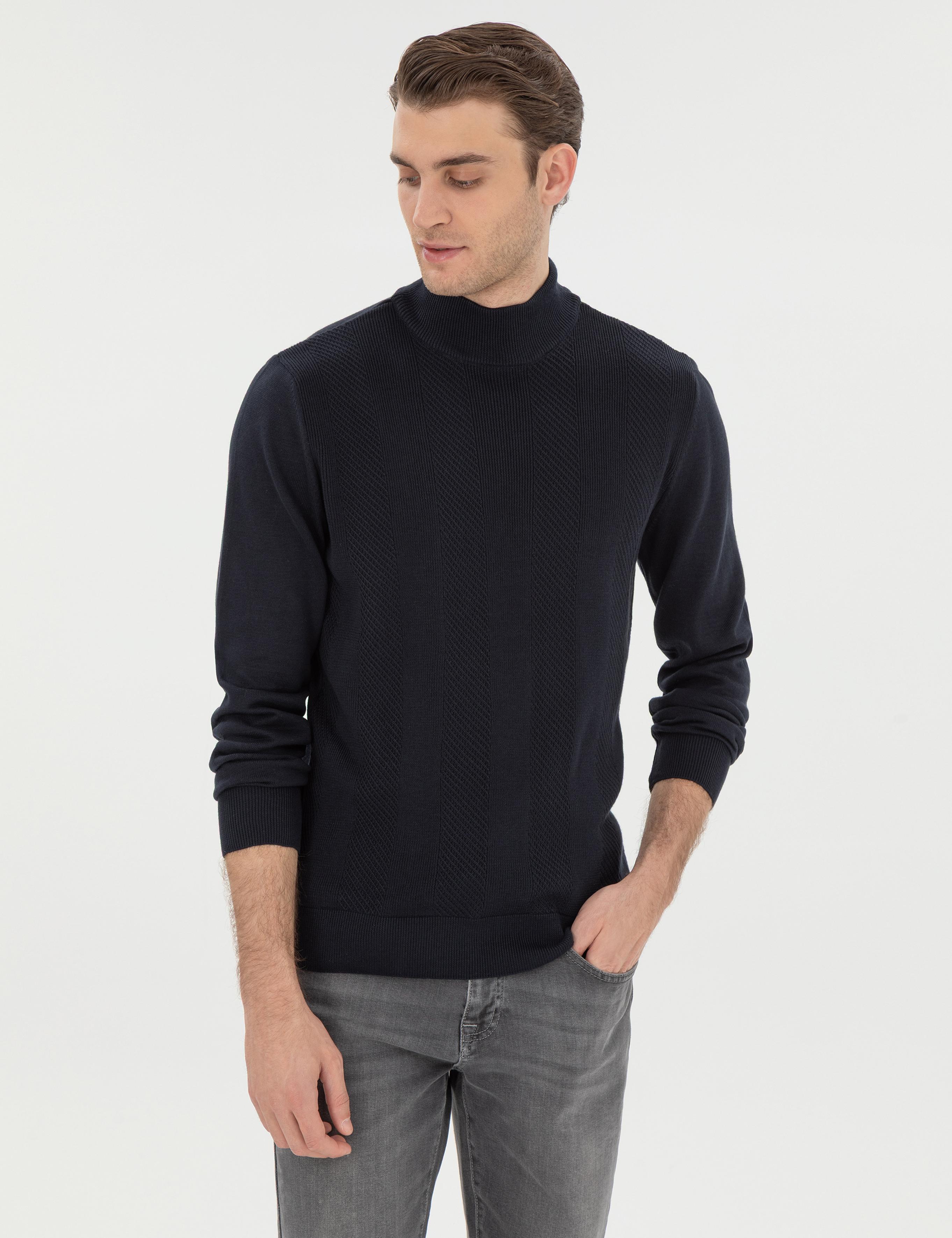 Lacivert Slim Fit Yarım Balıkçı Triko Kazak