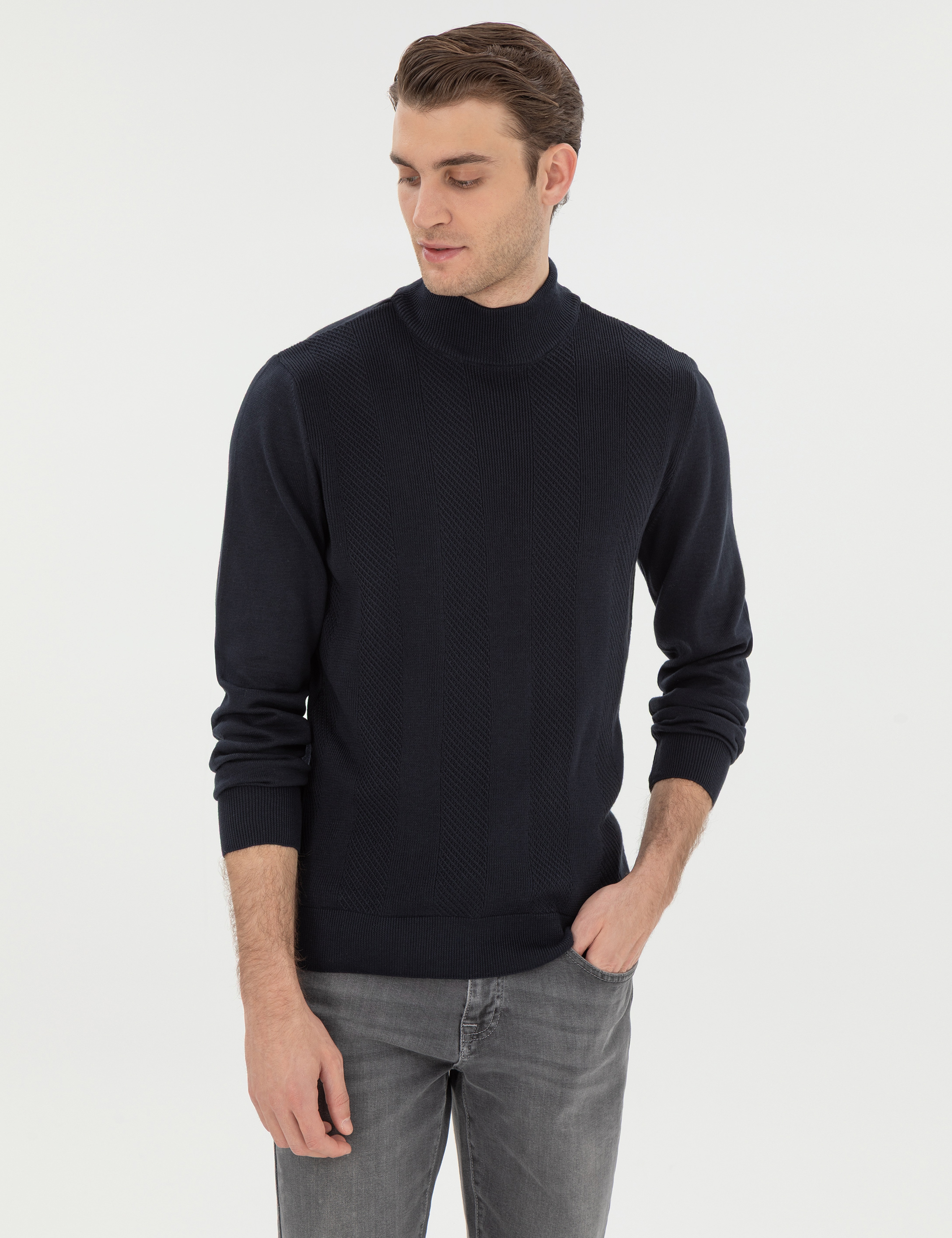 Lacivert Slim Fit Yarım Balıkçı Triko Kazak - Image 3