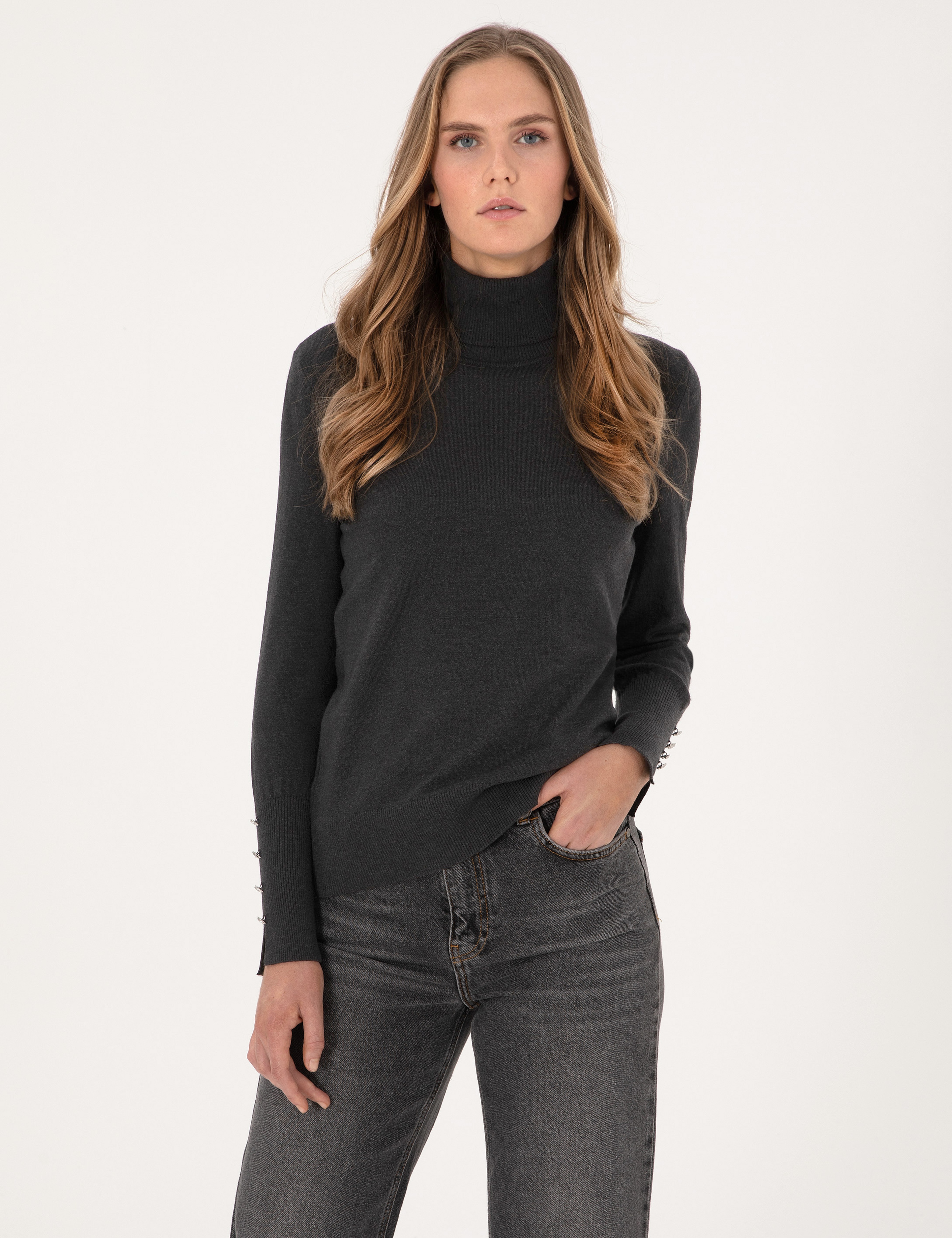 Antrasit Slim Fit Balıkçı Yaka Basic Kazak - Image 3