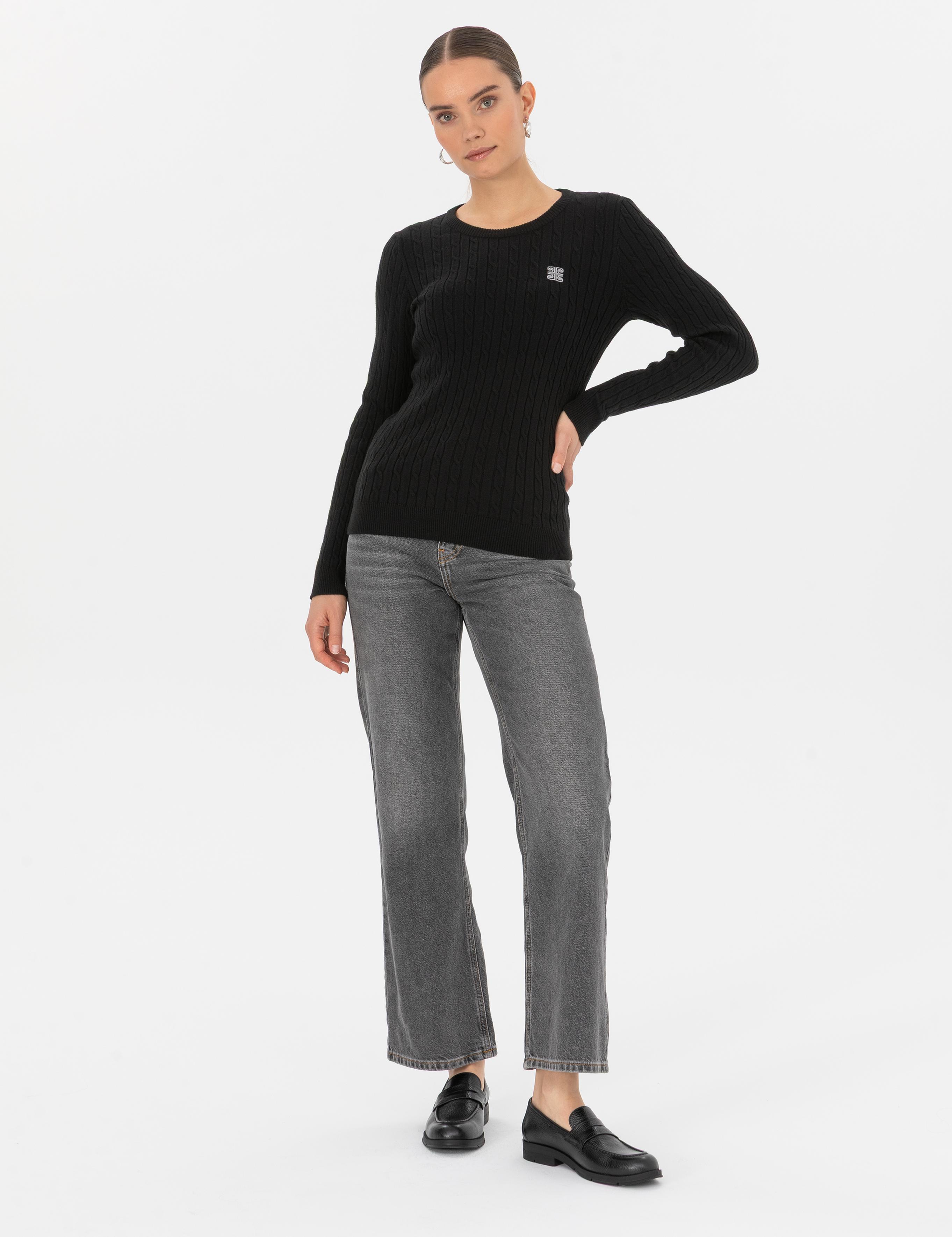 Siyah Slim Fit Bisiklet Yaka Basic Kazak