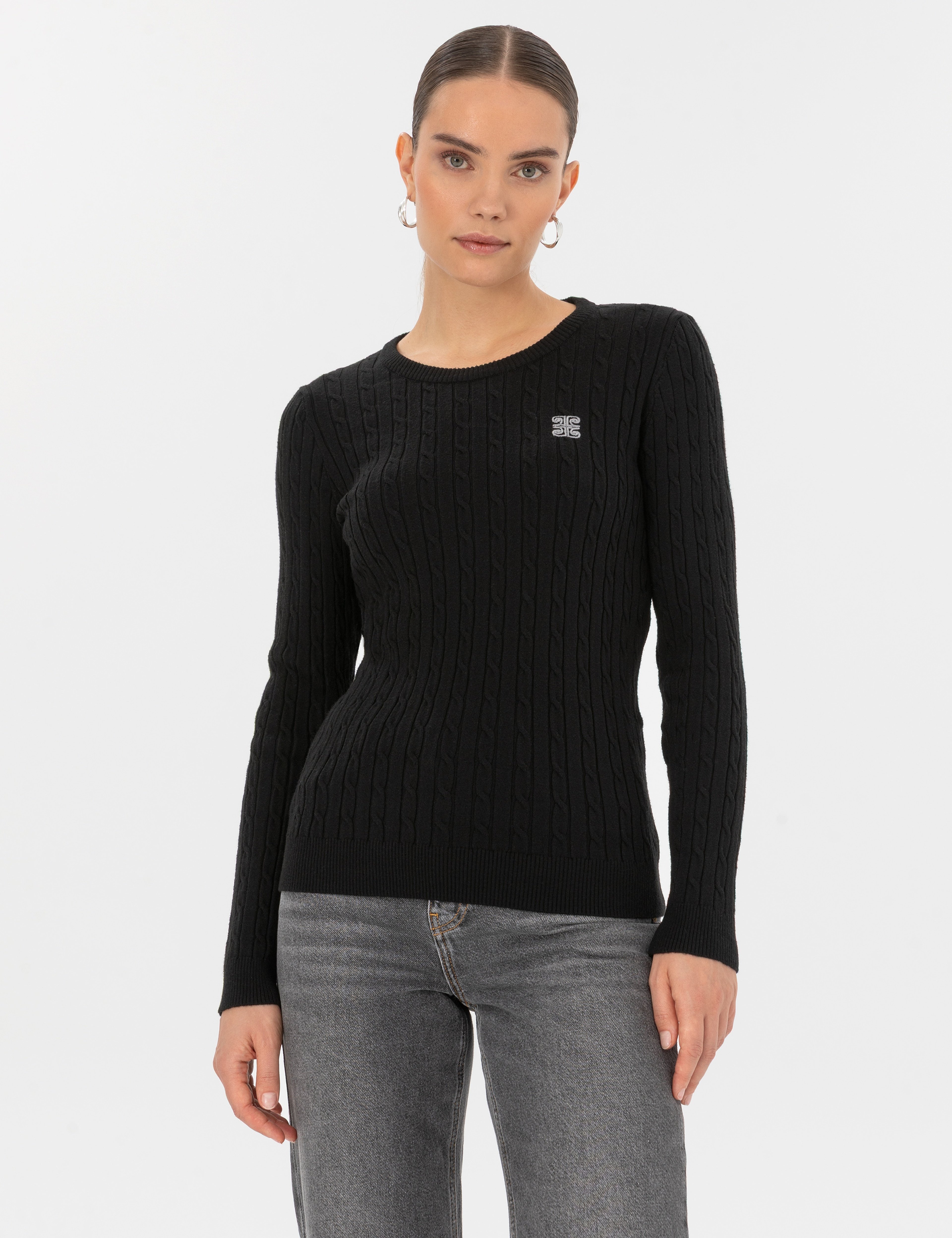 Siyah Slim Fit Bisiklet Yaka Basic Kazak - Image 1