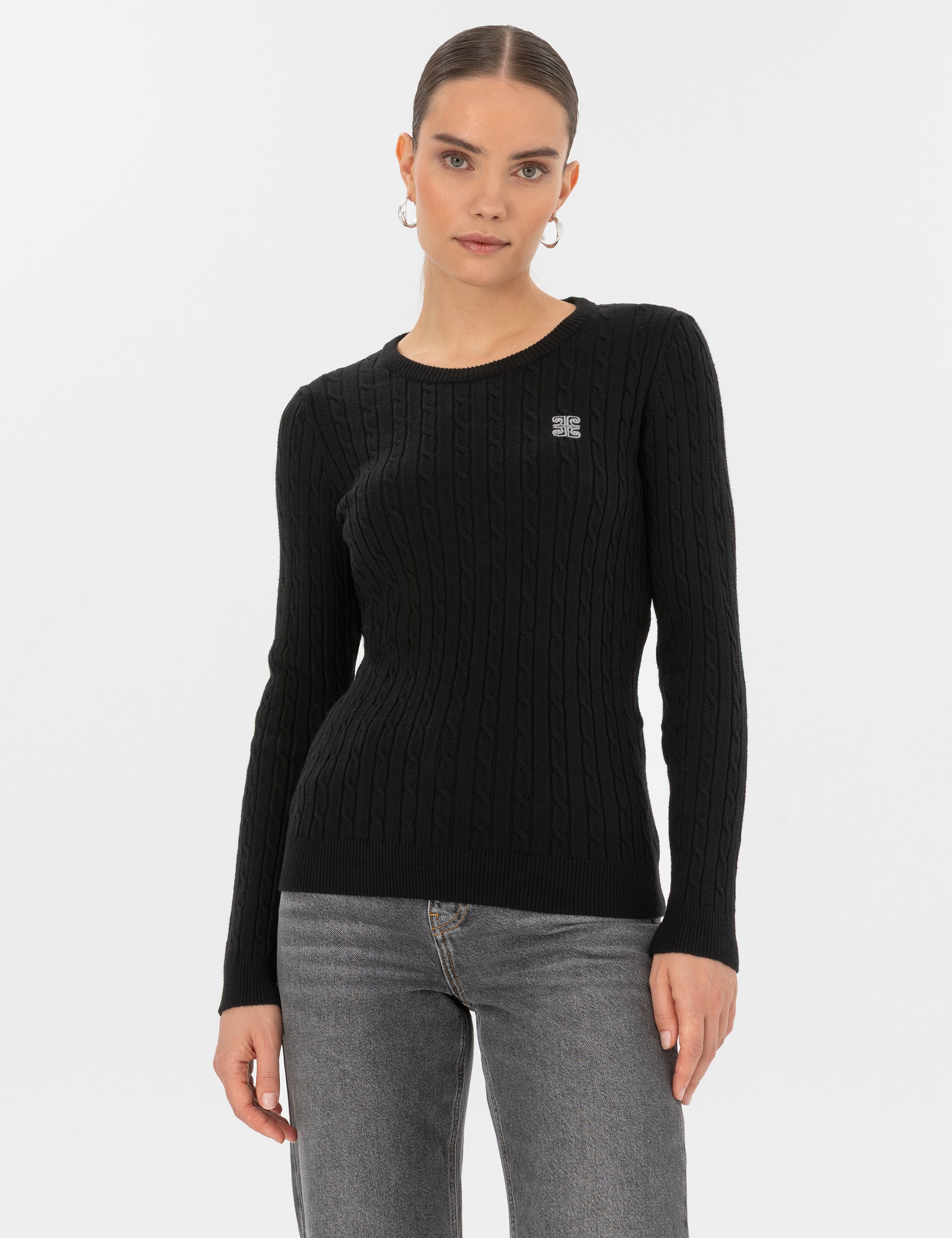 Siyah Slim Fit Bisiklet Yaka Basic Kazak