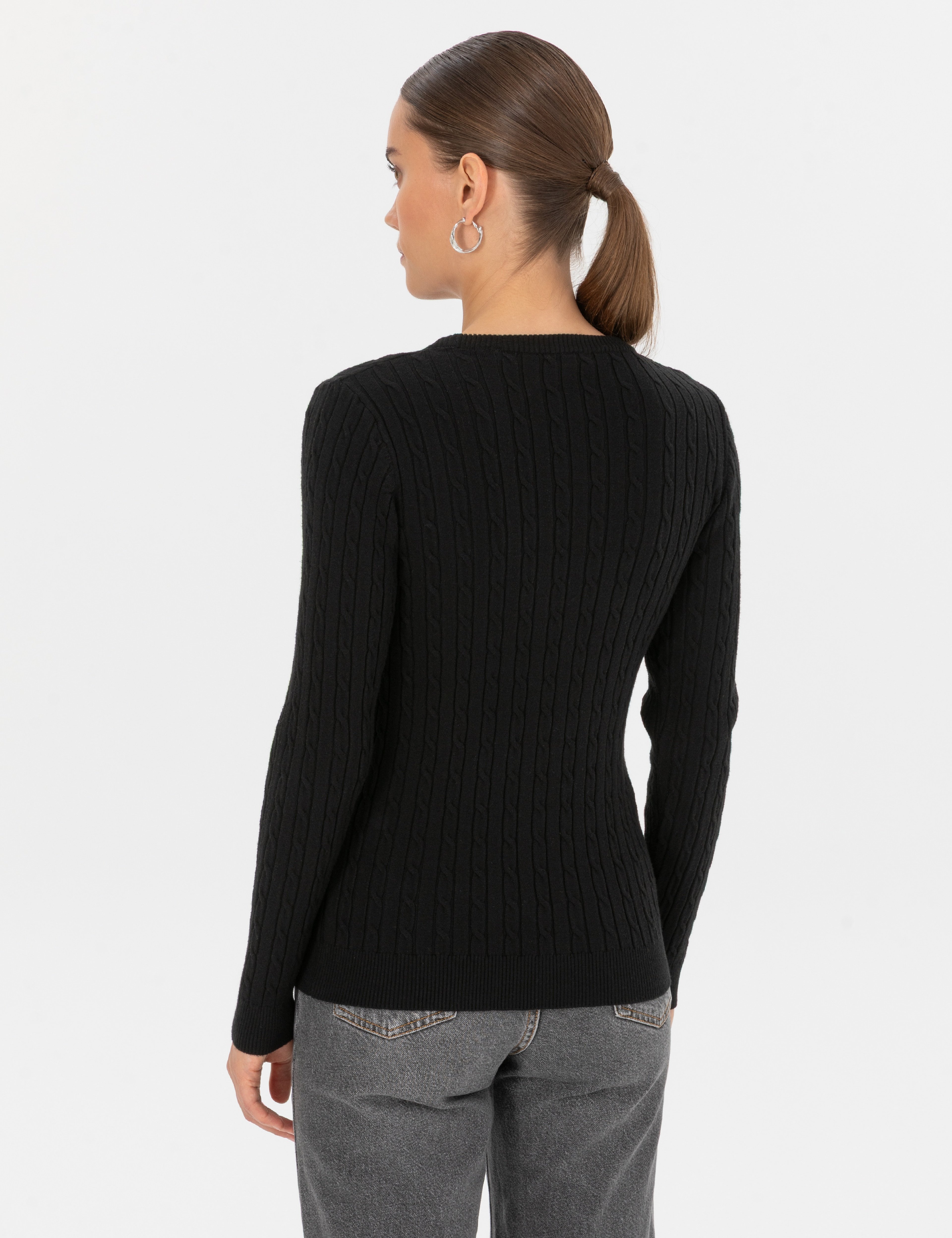 Siyah Slim Fit Bisiklet Yaka Basic Kazak