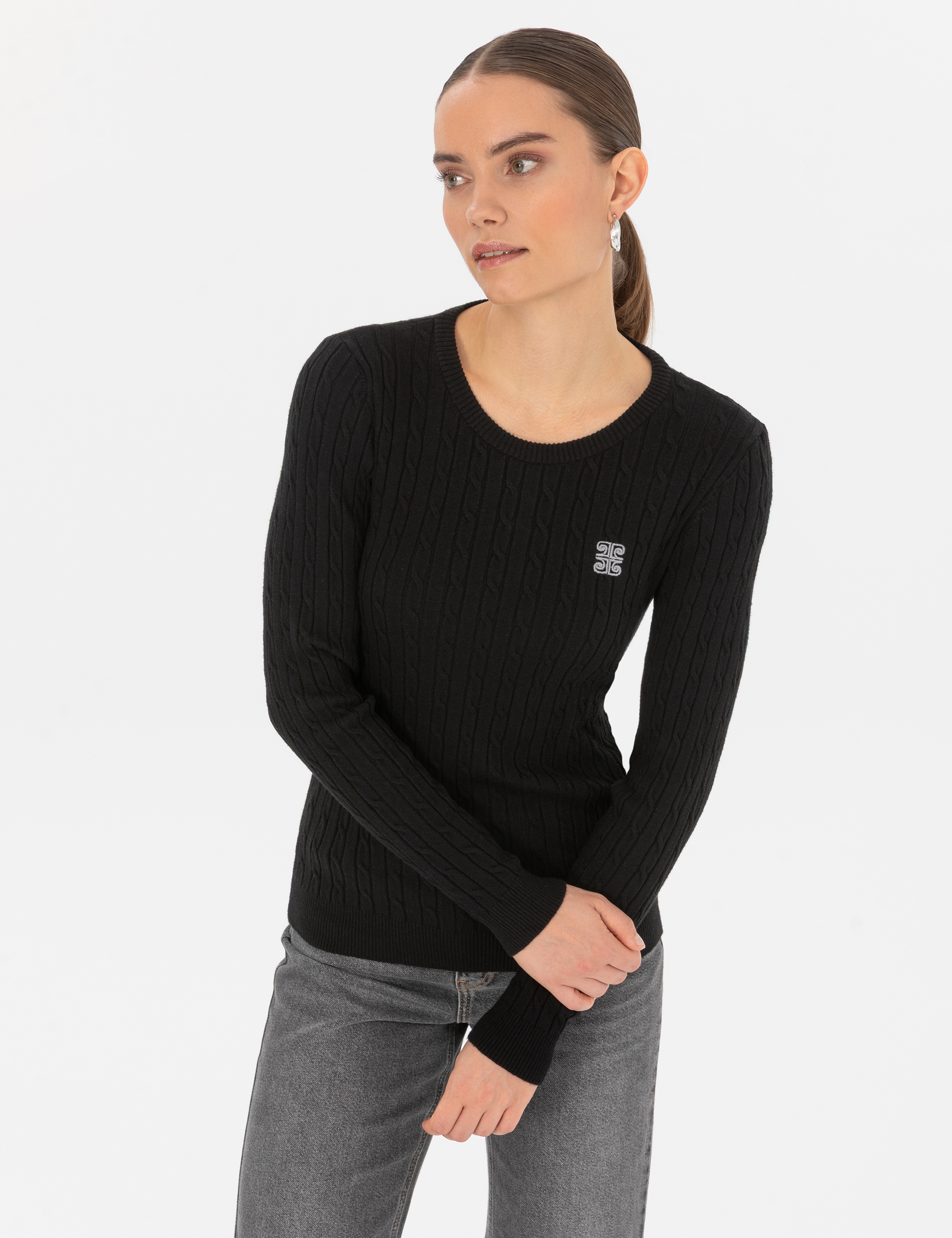 Siyah Slim Fit Bisiklet Yaka Basic Kazak - Image 3