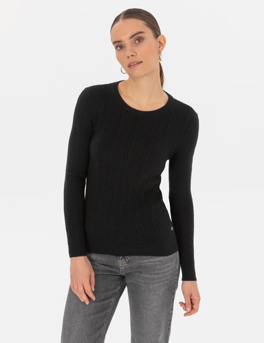 Siyah Extra Slim Fit Örgü Desenli Kazak