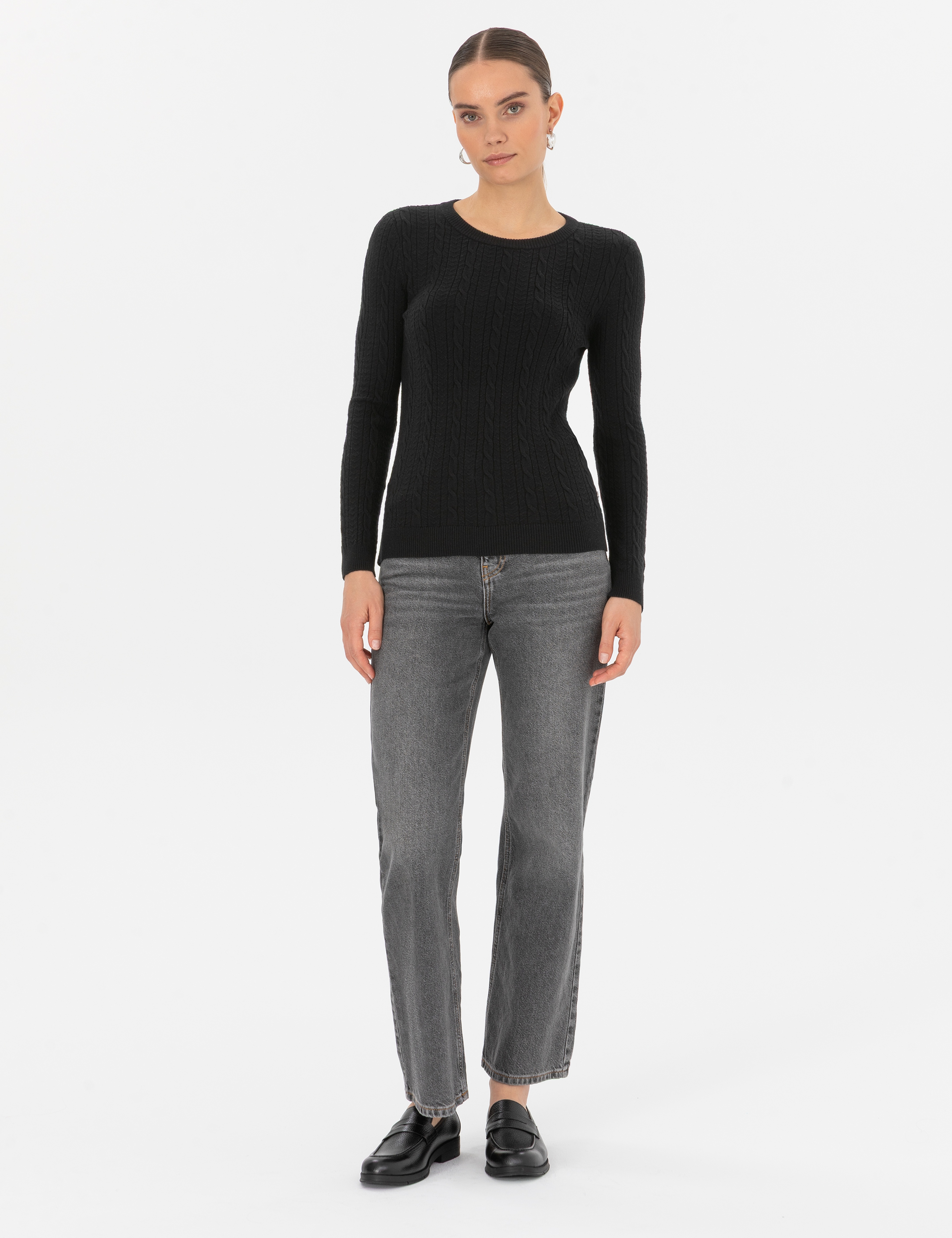 Siyah Extra Slim Fit Örgü Desenli Kazak - Image 4